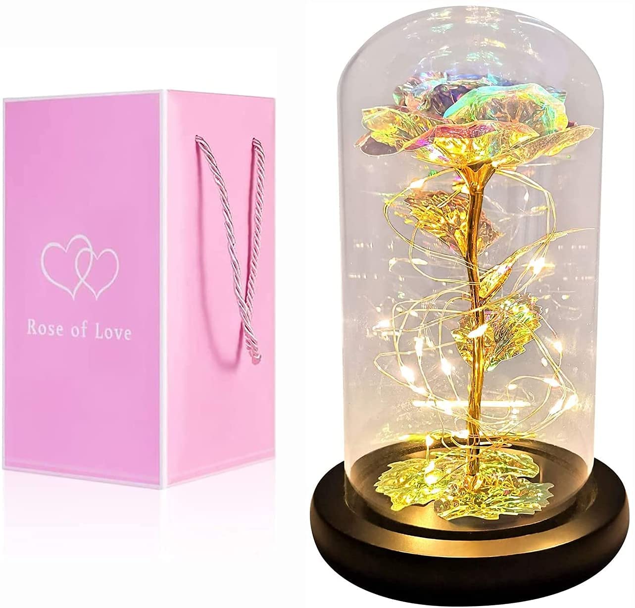 Forever Galaxy Rose in Glass Dome - Eternal Rose Light Gift for Women, Mom, Daughter | Birthday, Anniversary, Valentine's Day Present | Colorful Artificial Flower with LED Lights for Home Decor, Bedroom, Wedding Centerpiece (Golden)