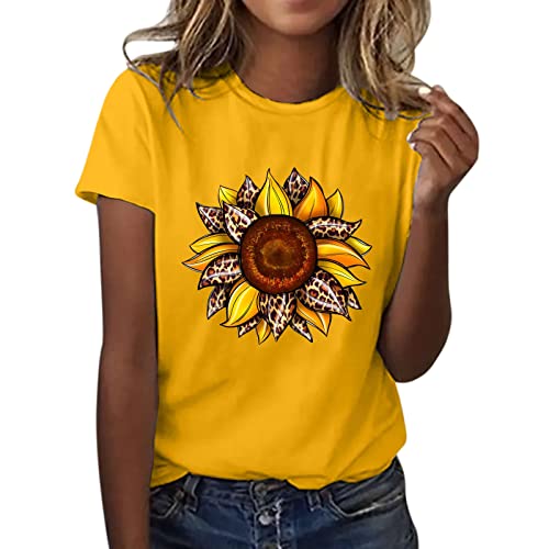 Women's Sunflower Print Summer T-Shirt - Plus Size Loose Fit Short Sleeve Casual Blouse - Yellow Graphic Tee for Women & Girls - Perfect for Beach Outings, Casual Wear & Athletic Activities (Size S)