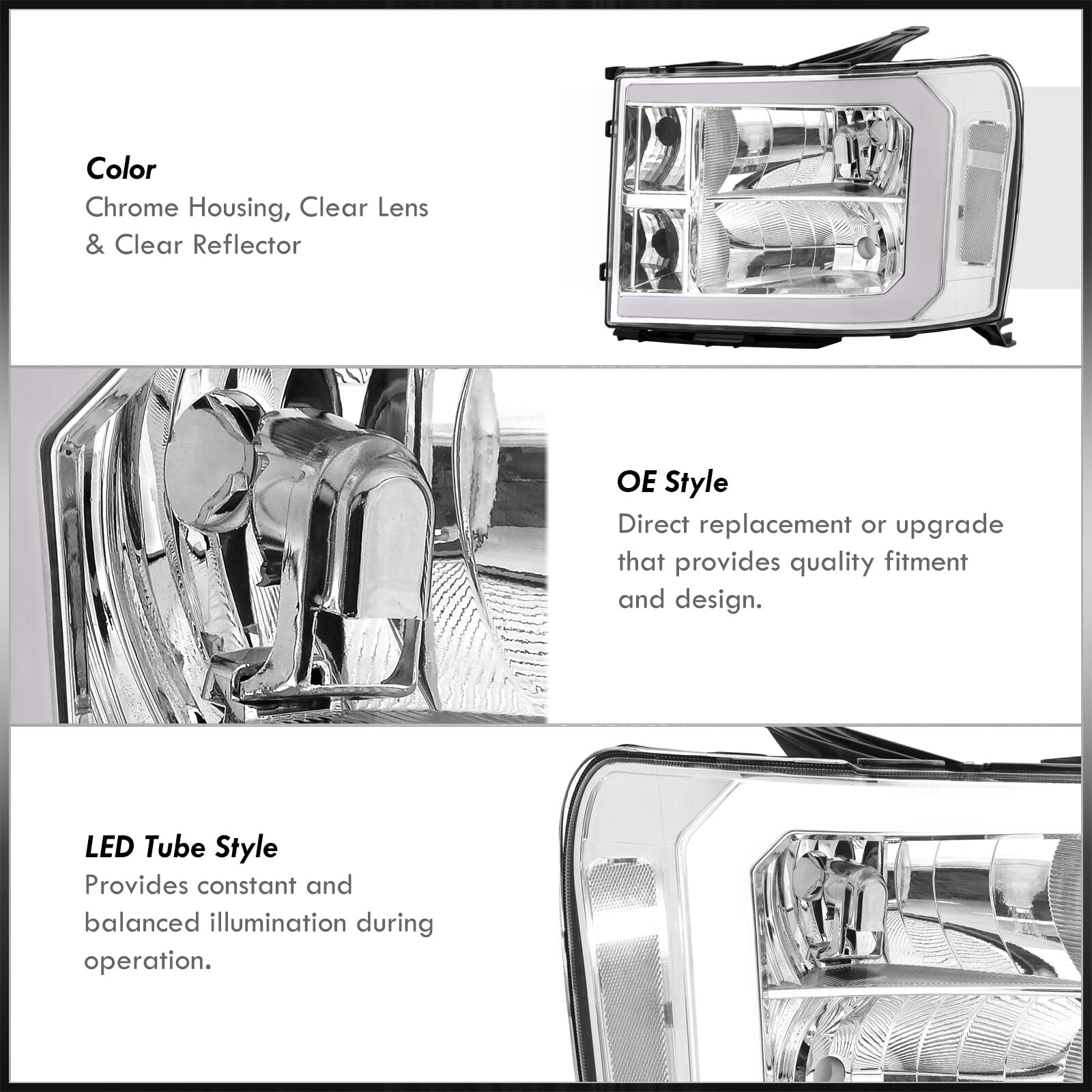LED DRL Headlights for GMC Sierra 1500/2500HD/3500HD 2007-2014 - Chrome Housing, Clear Lens - Daytime Running Lights