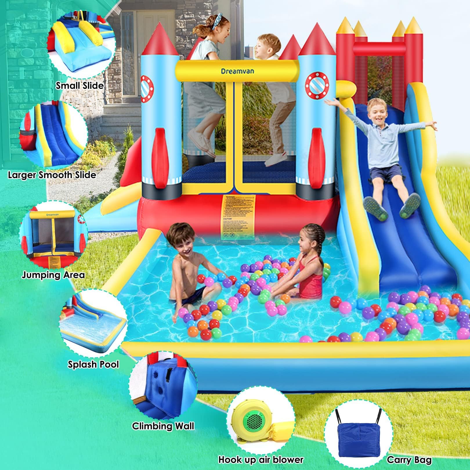 **AKEYDIY 13x12ft Inflatable Bounce House with Water Slide & Climbing Wall - Kids Bouncy Castle for Ages 3-12 | Perfect for Backyard, Pool Parties, Parks & Indoor Play**
