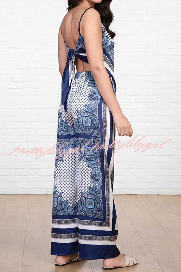 Fashionable Printed Sling Backless Strappy Top with Elastic Waist Loose Pants Set - Women's Casual Outfit for Summer Beach, Vacation and Streetwear