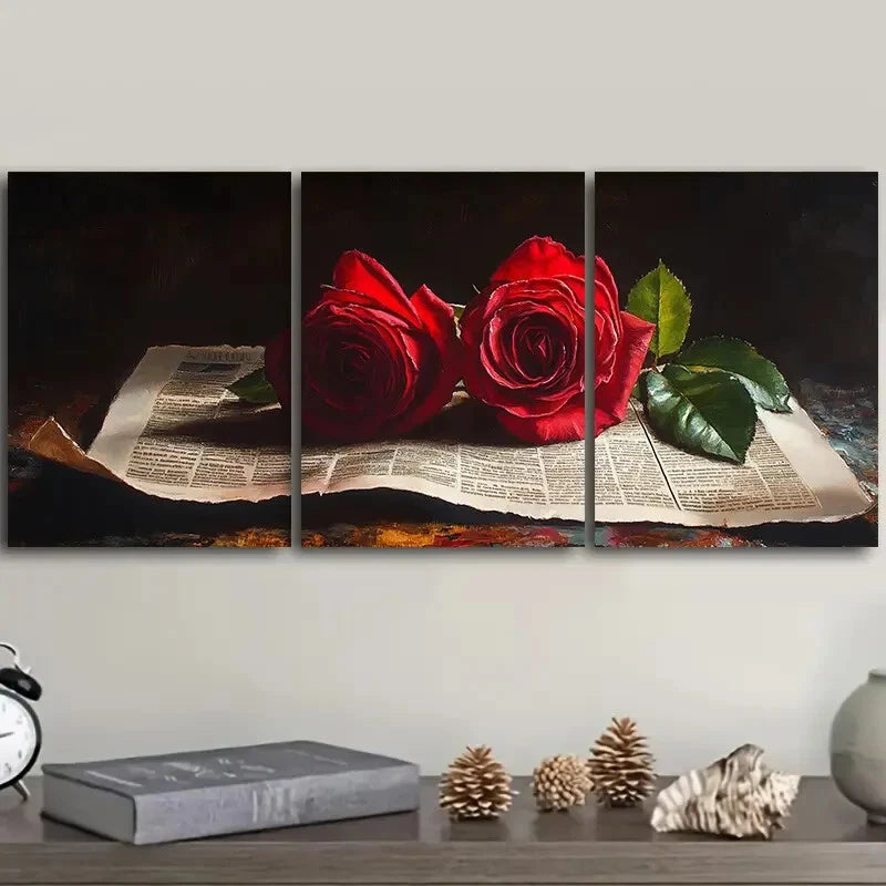 3-Piece Vintage Newspaper Red Roses Wall Art Set - Framed Canvas 40x60cm (16x24 inches) | High Quality Print | 100% Australian Made | Ready to Hang | Perfect for Living Room, Bedroom & Office Decor