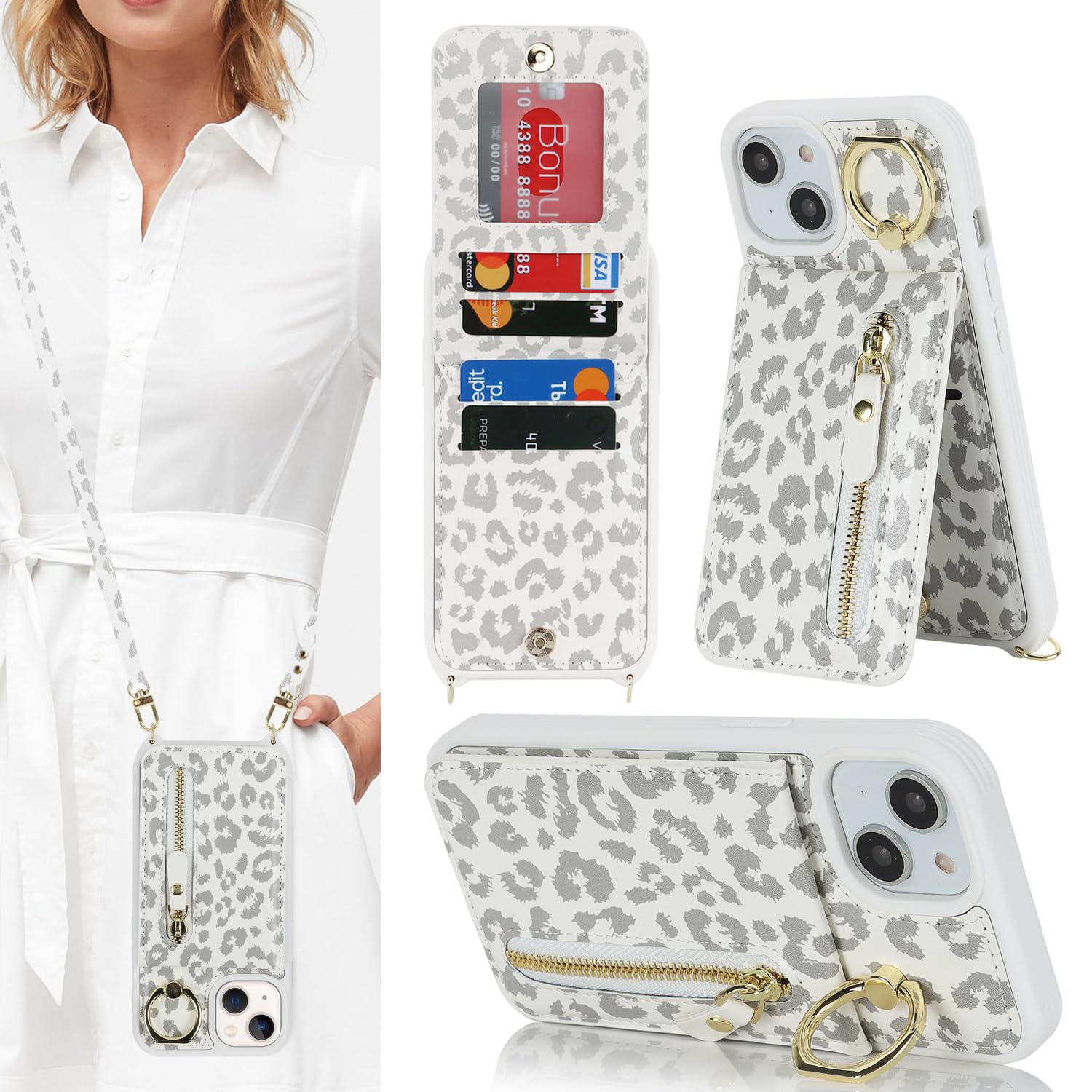 iPhone 13 Phone Case with Card Holder & Strap - Women's Crossbody Bag with Ring Stand & Zipper Wallet - White Leopard Print - Perfect for Travel, Shopping & Everyday Use