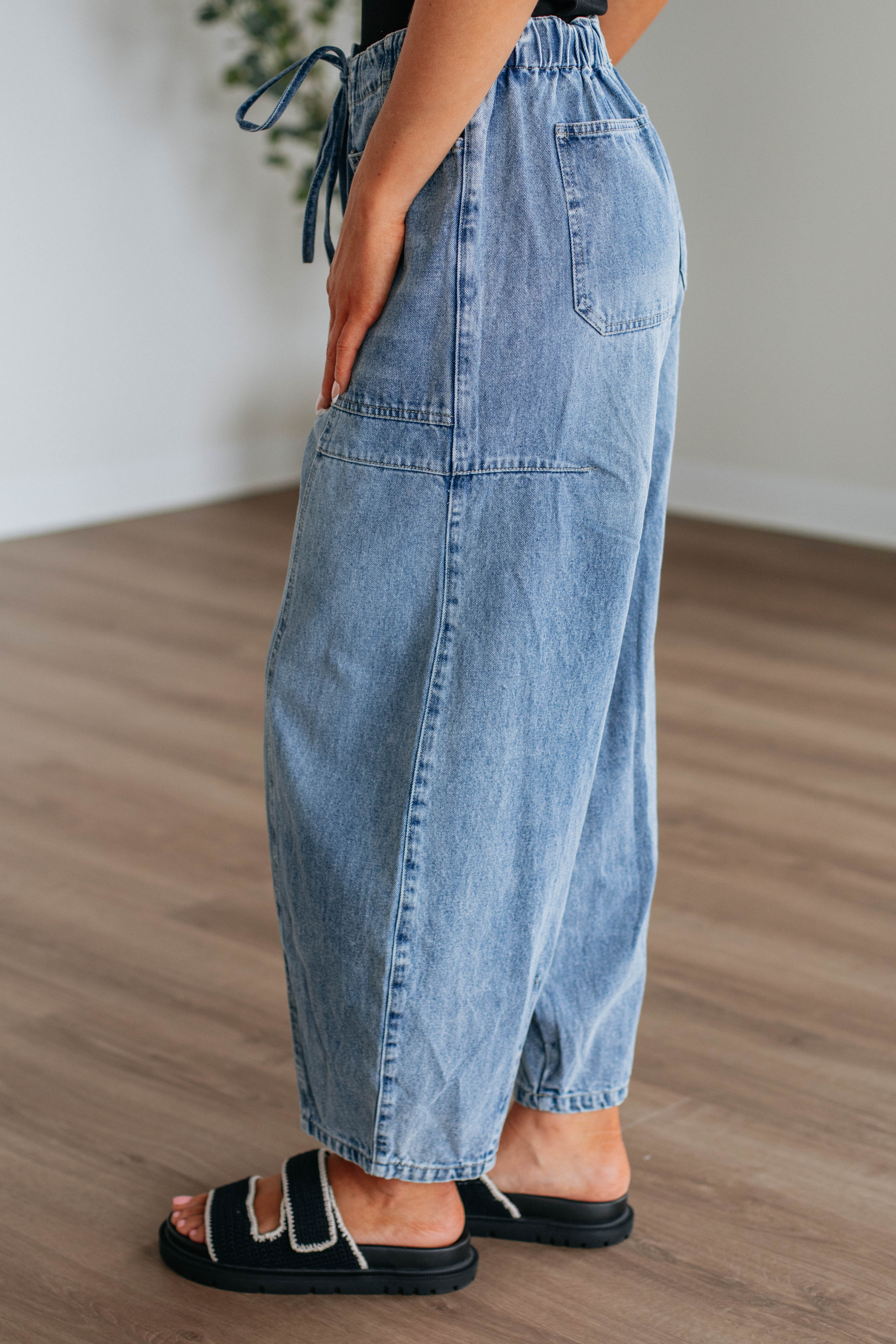 Bradwell Women's Denim Barrel Pants - Medium Wash High Waisted Wide Leg Jeans for Casual Wear & Street Style