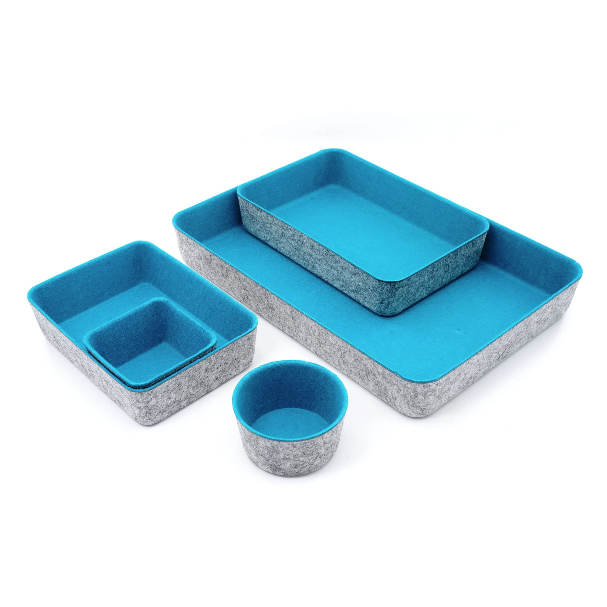 Welaxy 5-Piece Round Felt Desk Drawer Organizer Set - Turquoise Storage Bins for Office Paper, Letters, Documents, Magazines & Files - Perfect for Home, Office & Workspace Organization