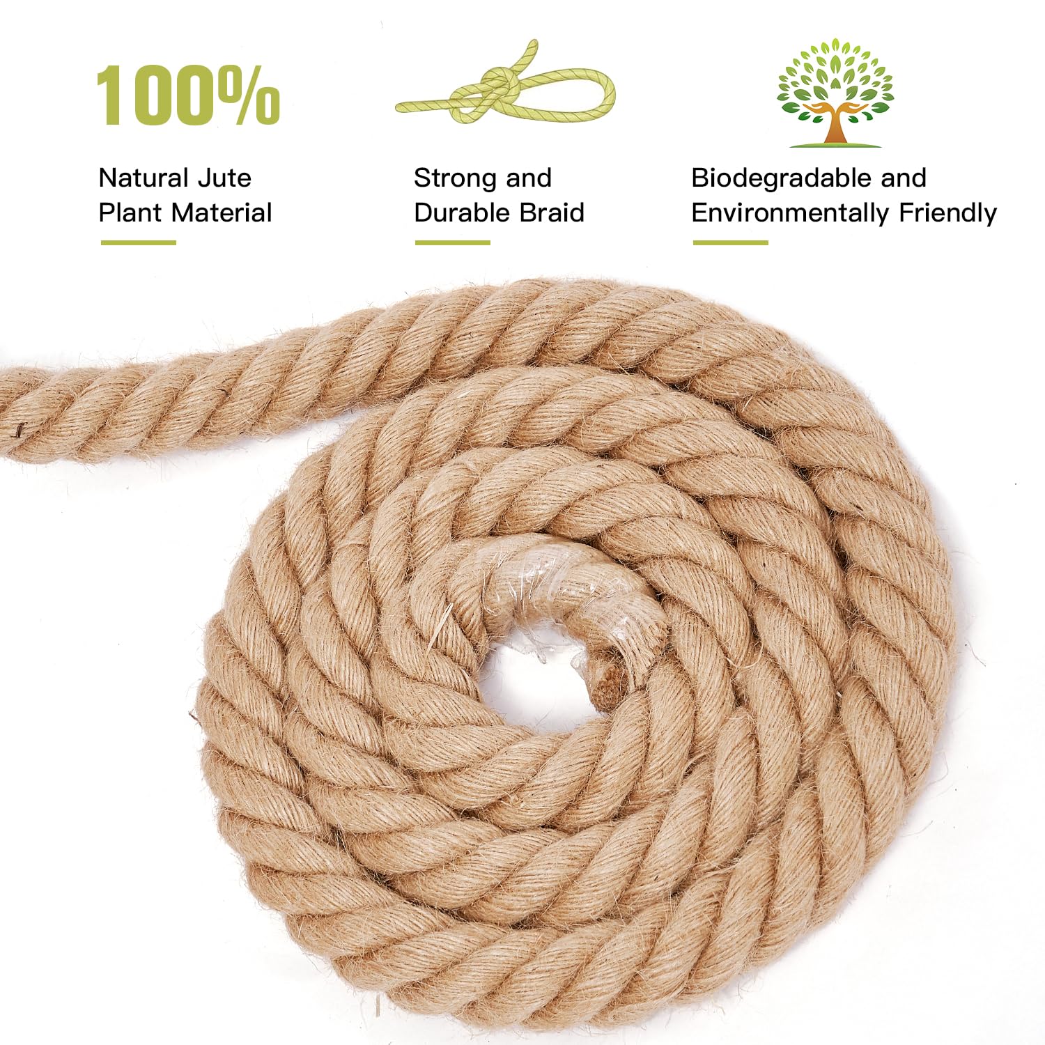 1-1/2 Inch x 100 Feet Natural Jute Rope - Heavy Duty Twisted Hemp Rope for Crafts, DIY Projects, Gardening, Hammocks, Nautical Decor & Outdoor Activities - Perfect for Home Decor, Bundling, Railings and Tug of War Games
