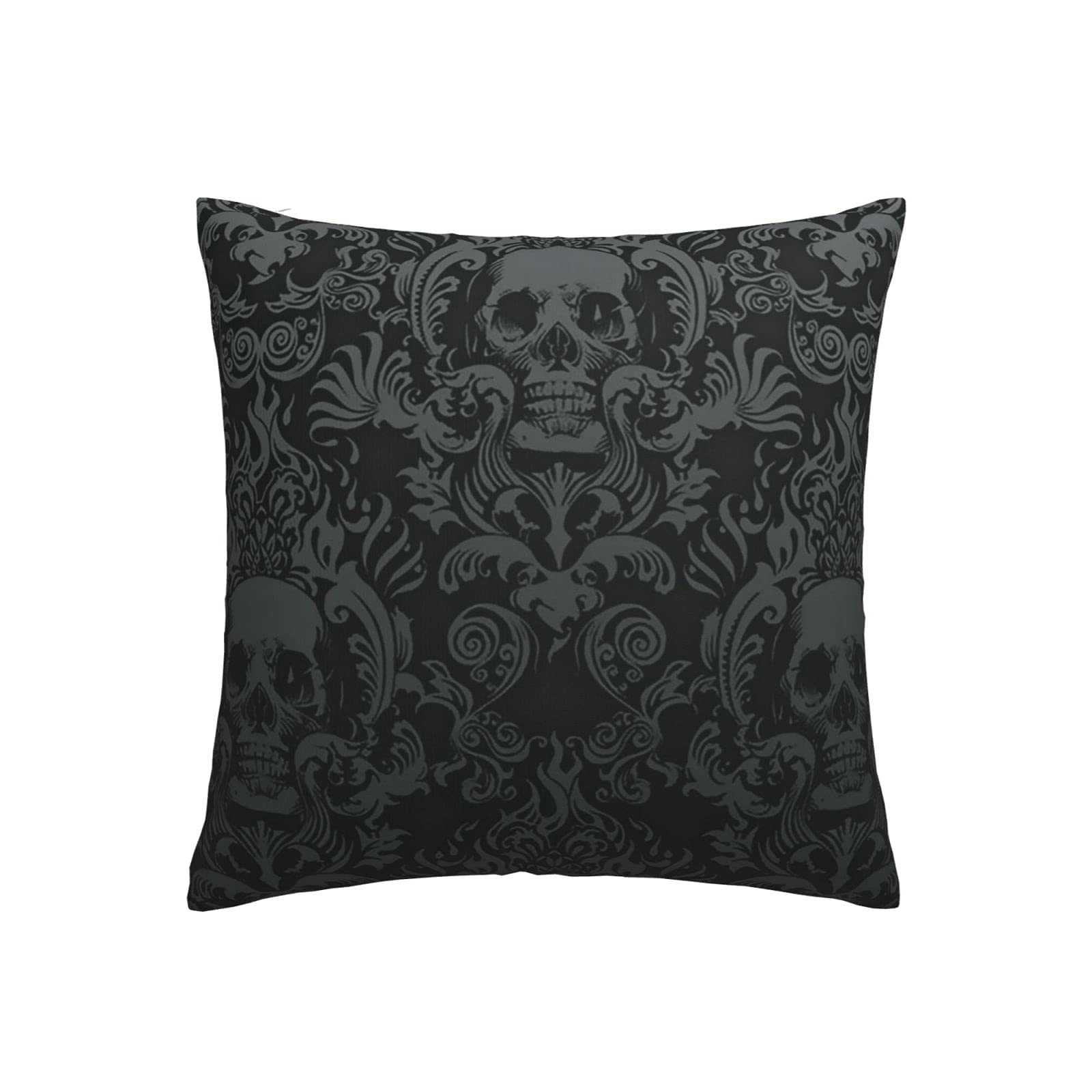 Black Skull Damask Throw Pillow Cover - 18x18 Inch Square Decorative Pillowcase for Sofa, Bed, Couch - Gothic Home Decor & Outdoor Cushion Cover - Machine Washable White Pillow Case (Size: 25cm)