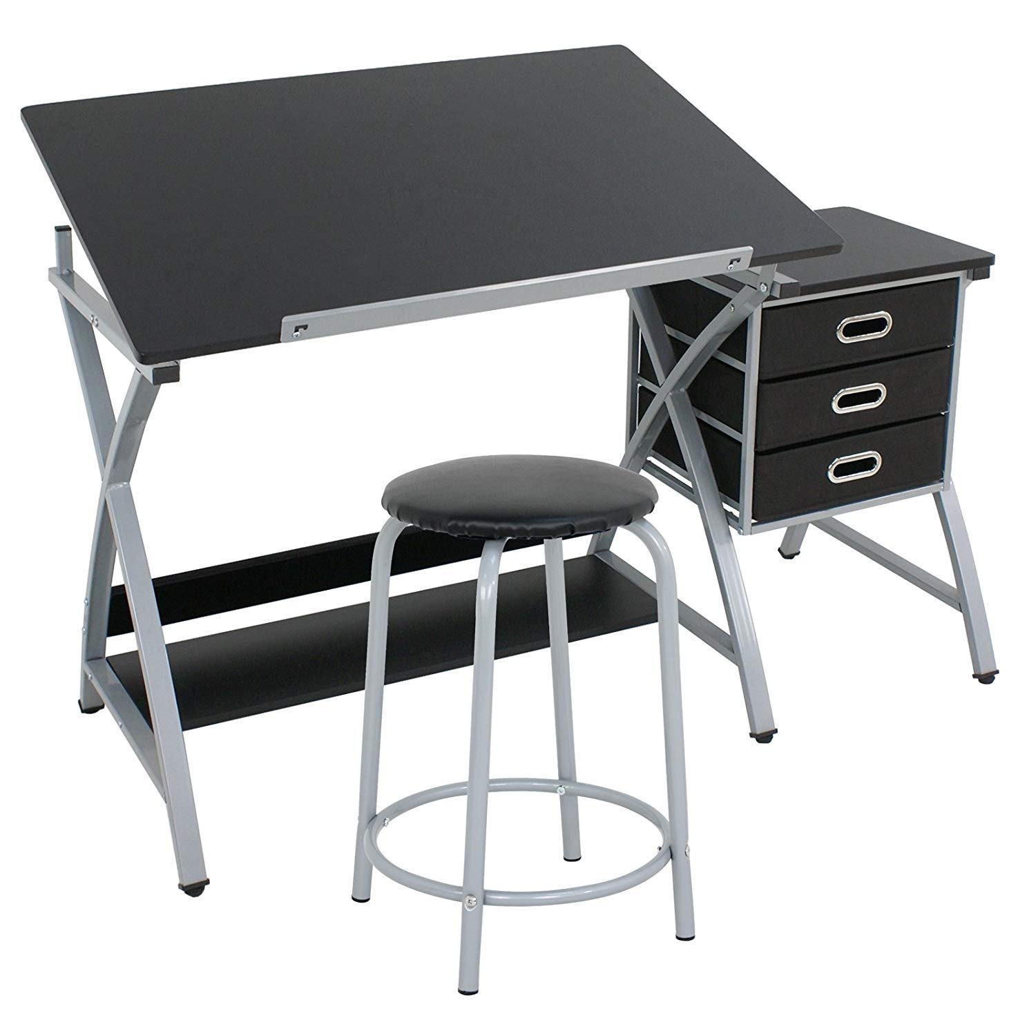 Saturnpower Adjustable Drafting Table - Art & Craft Drawing Desk with Stool & Drawers, Foldable Tilted Tabletop for Artists, Architects & Students | Perfect for Home Studio, Office & Classroom Workspaces