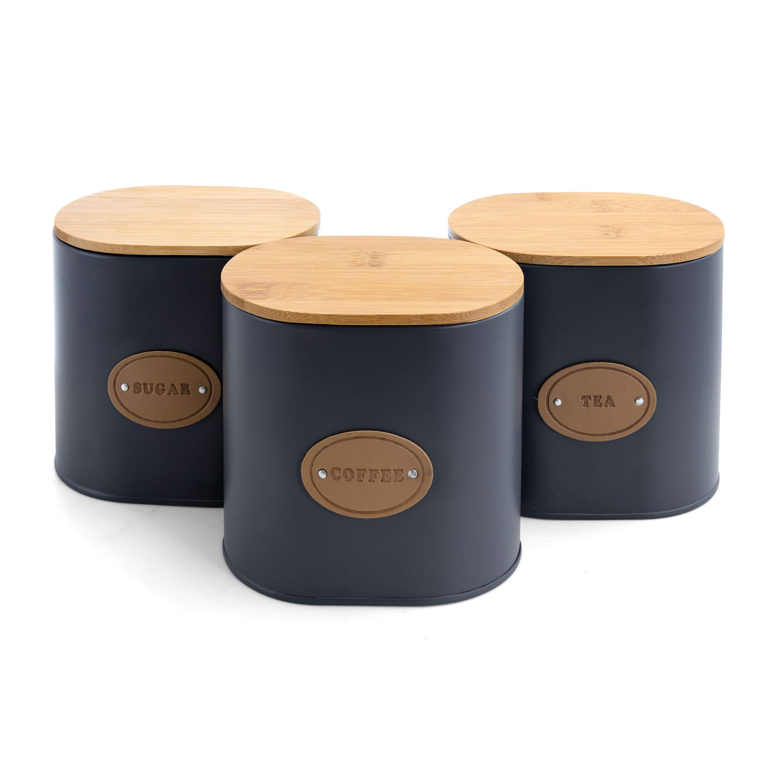 MegaChef 5-Piece Grey Kitchen Canister Set with Bamboo Lids - Airtight Food Storage Containers for Flour, Sugar, Coffee & Pantry Organization - Perfect for Modern Kitchens & Home Organization