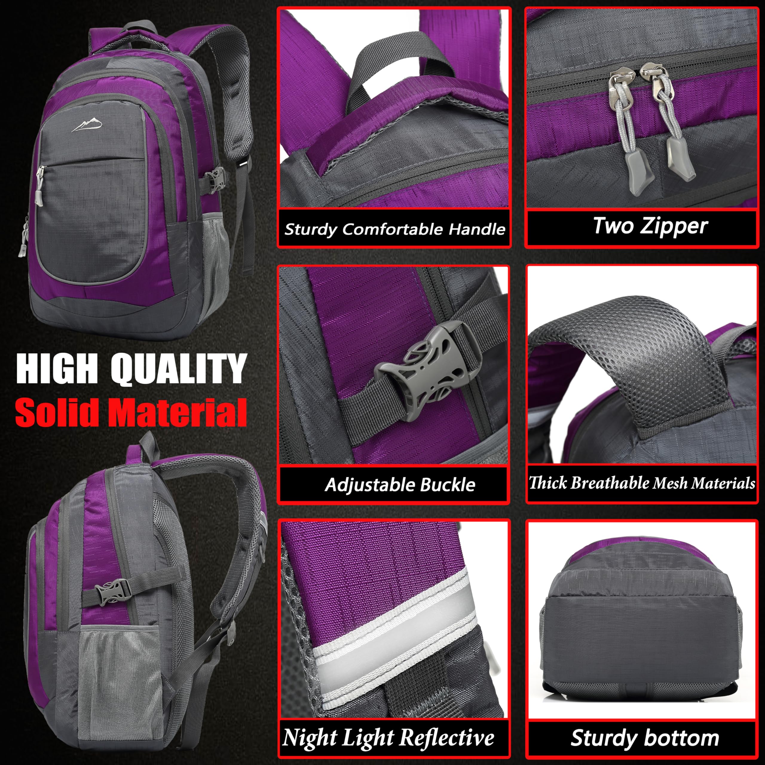 Durable 15.6 Inch Laptop Backpack for School, College, Travel & Hiking - Multi-Compartment Water-Resistant Book Bag with USB Charging Port & Reflective Strips (Black/Purple) - Perfect for Students, Professionals & Outdoor Enthusiasts