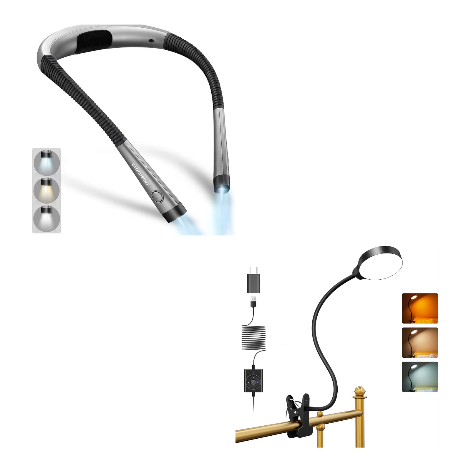 Glocusent 5W LED Bedside Reading Light - 36 Eye-Caring LEDs, 3 Colors & 5 Brightness Levels, Flexible Gooseneck Clip-On Lamp for Headboard - Perfect for Night Reading, Nursing, and Relaxing in Bed