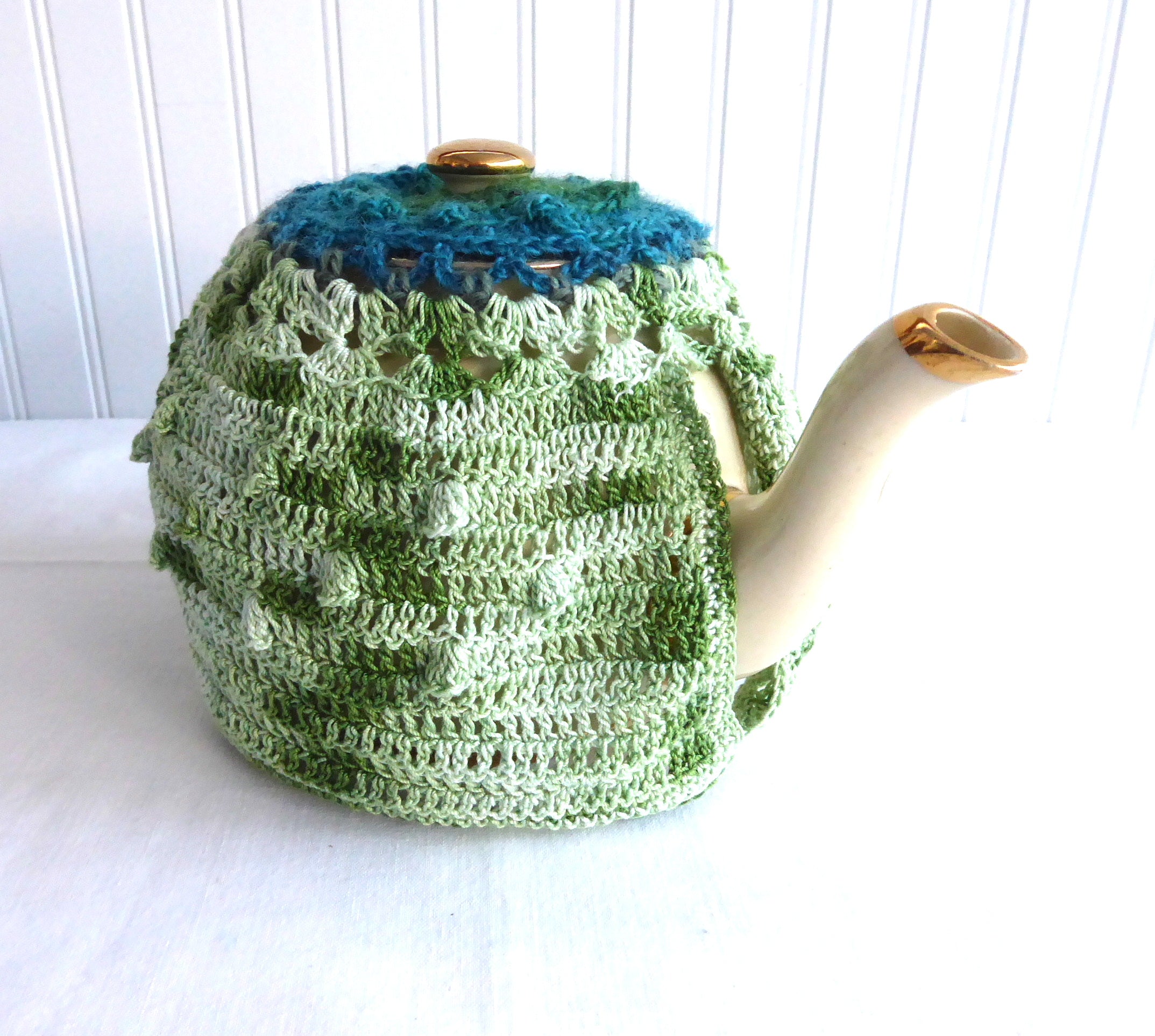 Handmade Crocheted Tea Cozy - Teal & Green Heather Artisan Knit - Medium Stretchy Fit - Perfect for Teapots & Coffee Pots - US Crafted Cozy for Tea Time & Kitchen Decor