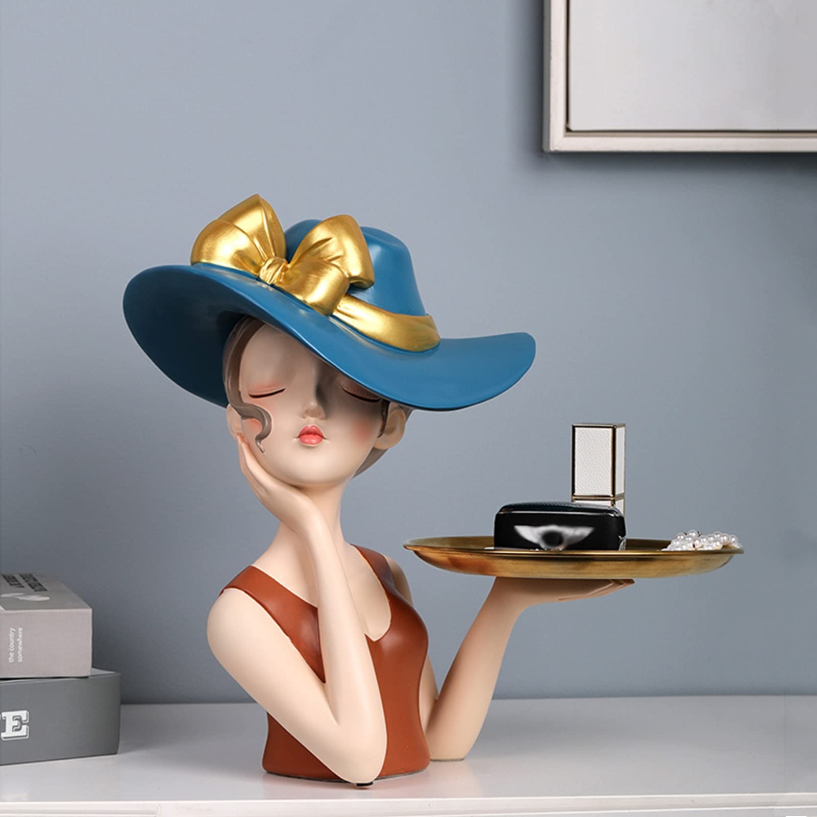 Cute Girl Sculpture Key Holder - Modern Resin Home Decor Statue with Storage Tray for Keys, Jewelry & Candy | Desktop Organizer for Bedroom, Office & Entryway