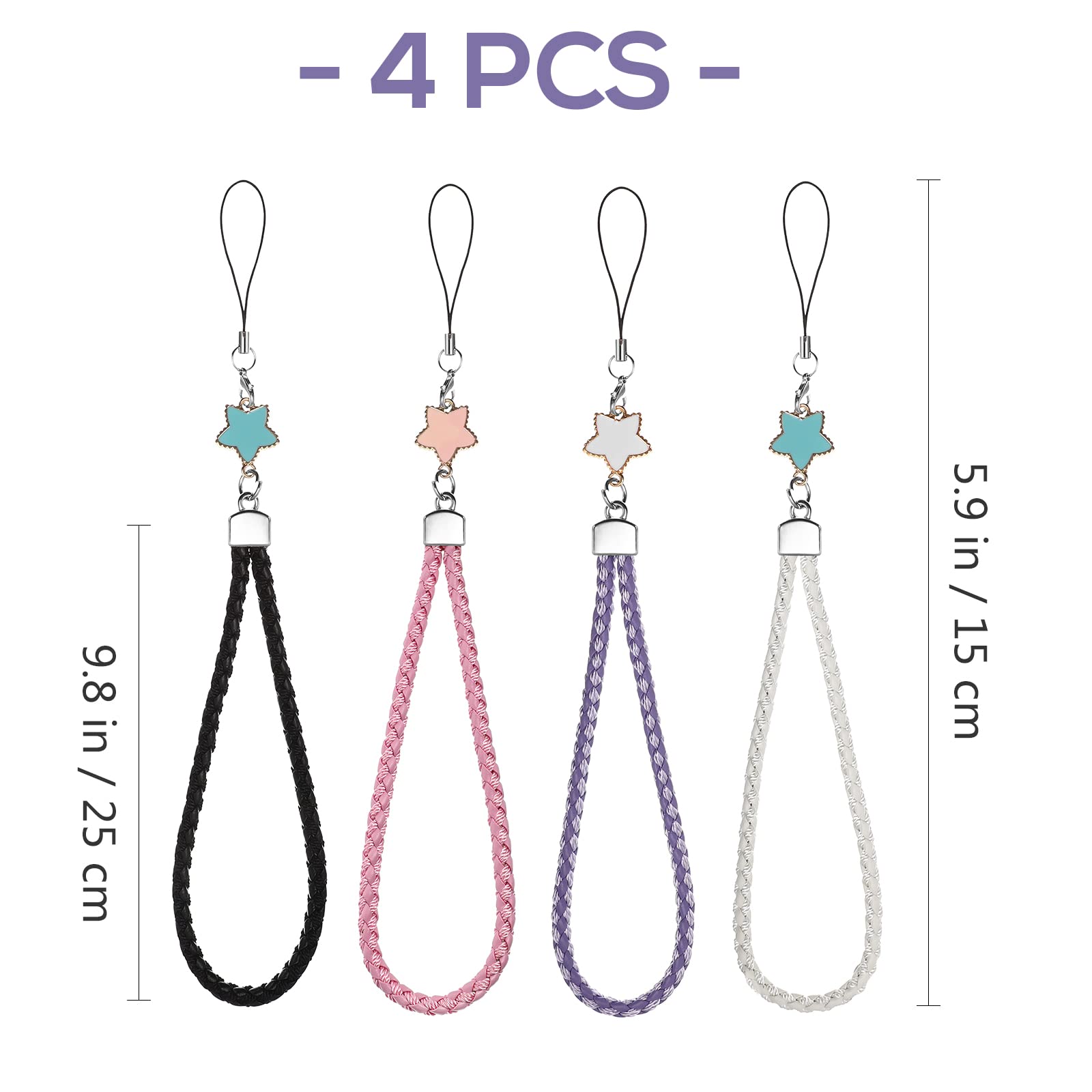 TENDYCOCO 4pcs Leather Handmade Phone Lanyard Wrist Strap - Cute Star Design Phone Charm for iPhone, Samsung, Camera, Purse & Keychain - Perfect for Travel, Shopping and Daily Use
