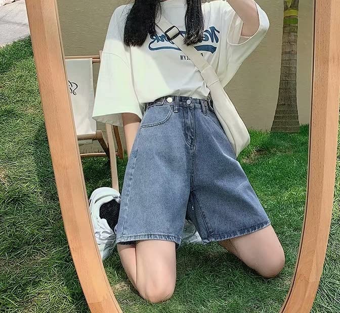 High Waist Knee-Length Denim Shorts - Y2K Baggy Biker Bermuda Shorts for Women | Harajuku Streetwear & Korean Preppy Style | Perfect for Summer, Casual Outfits & Street Fashion