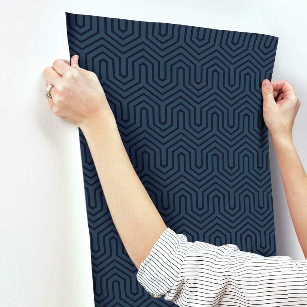 York Wallcoverings GE3715 Ashford Geometrics Labyrinth Wallpaper - Blue Pearl & Navy Blue Peel & Stick Wallpaper for Bedroom, Living Room, Office Decor