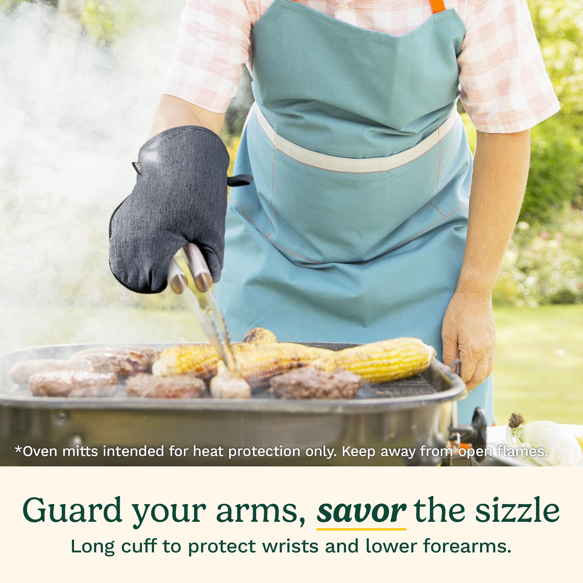 Cuisinart Heat-Resistant Oven Mitts - Non-Slip Neoprene Palm & Long Cotton Cuff for Cooking, Baking, Grilling - Durable Kitchen Gloves for BBQ, Baking Bread, Roasting Turkey (Chambray Blue) - Perfect for Holiday Cooking & Outdoor Grilling