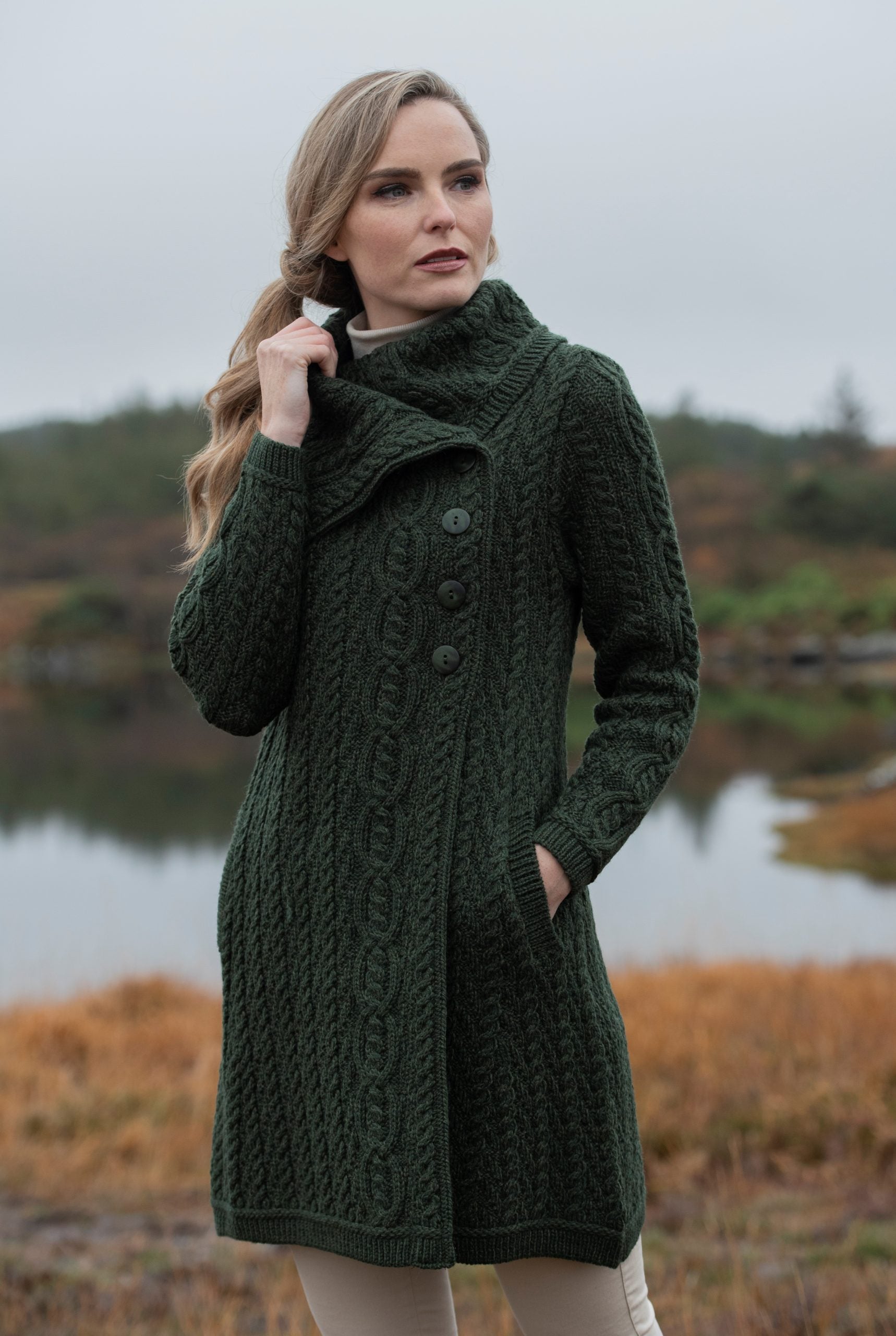 Aran Button Cardigan Coat for Women - Soft Wool Blend Knit Sweater (3 Color Options) | Perfect for Fall & Winter Layering, Office Wear & Casual Outfits