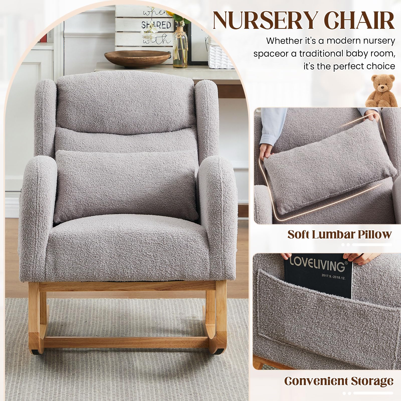 Antetek Modern Grey Teddy Upholstered Nursery Rocking Chair - High Backrest Wingback Accent Armchair with Lumbar Support - Perfect for Nursery, Living Room & Bedroom Relaxation (Grey)