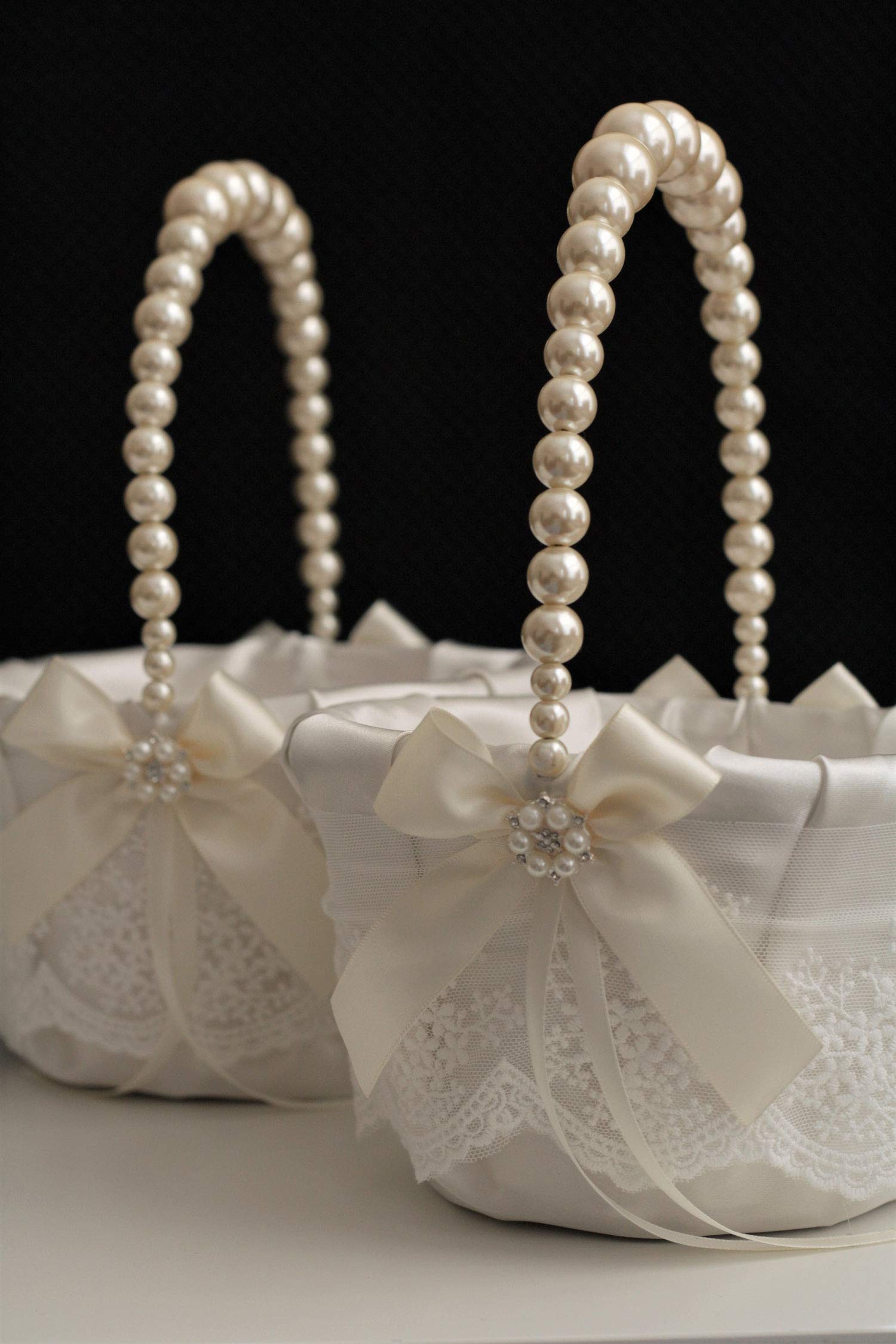 Ivory Ring Bearer Pillow and Flower Girl Basket Set - Heart Ring Pillow with Lace Wedding Basket & Pearl Handle - Perfect for Wedding Ceremonies, Bridal Showers, and Romantic Proposals