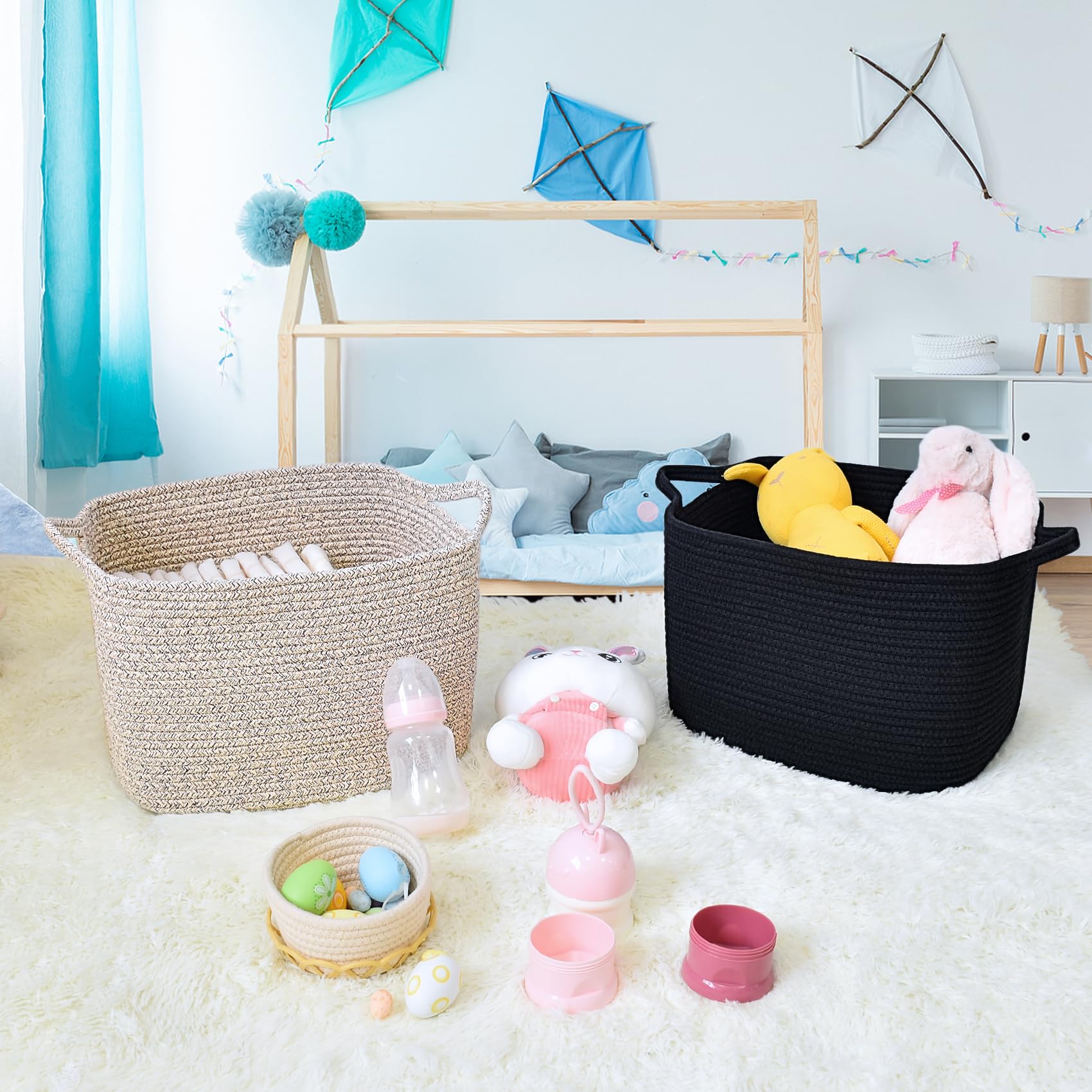 ABenkle Cotton Rope Storage Basket with Handles - 13.5x11x9.5 Inch Rectangular Decorative Organizer for Baby Nursery, Shelves & Closet - Perfect for Toys, Blankets and Home Organization