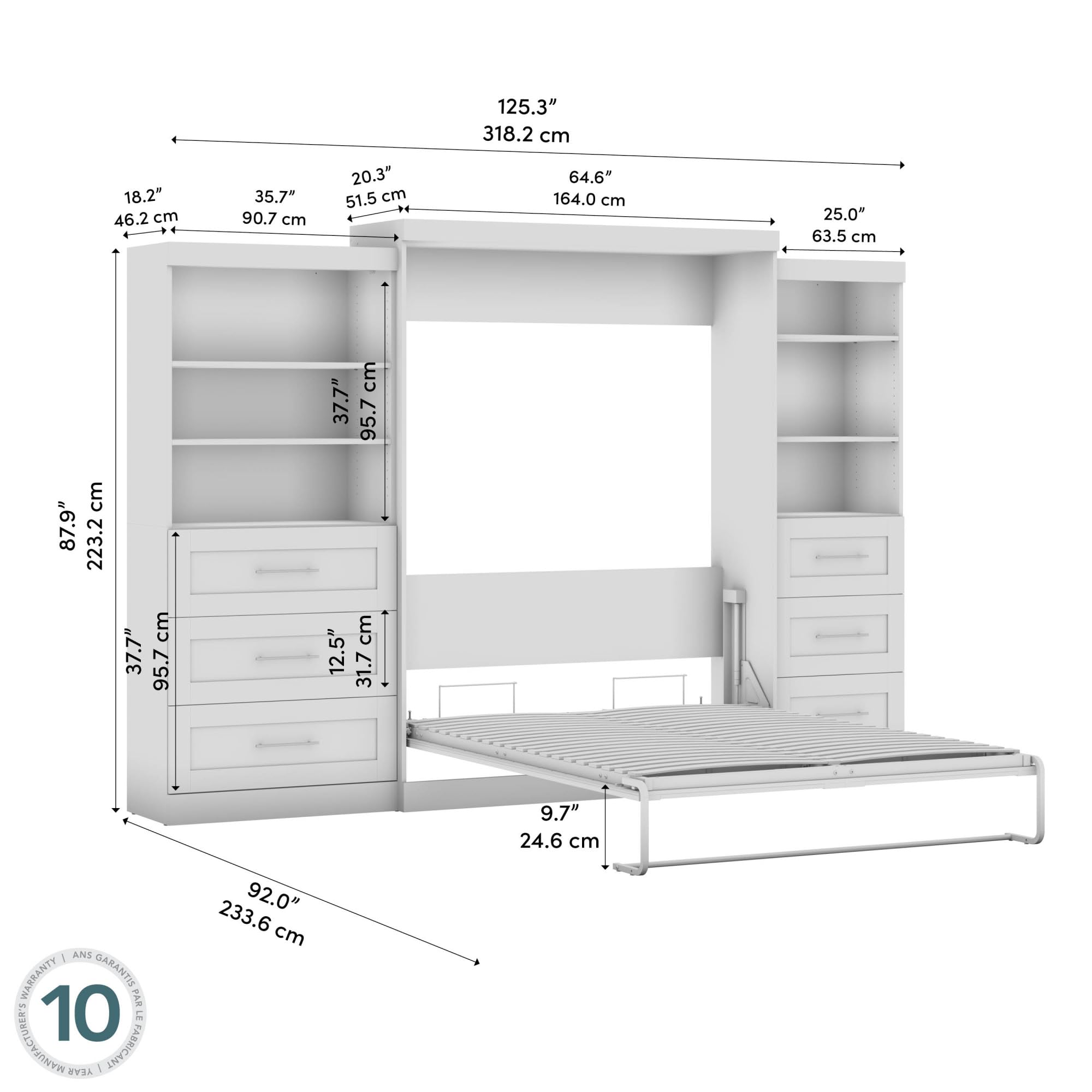 Bestar Pur Queen Murphy Bed with 2 Shelving Units - Space-Saving Wall Bed with Storage & Closet Organizers, Chocolate Finish (126-inch) - Perfect for Small Apartments, Guest Rooms & Home Offices