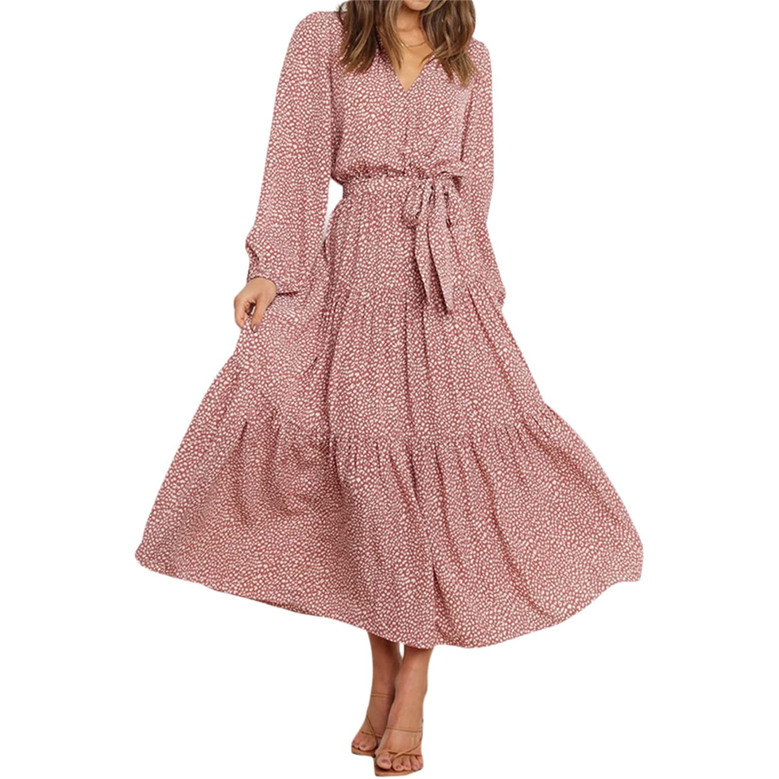 Linlinchuli Women's Long Sleeve V-Neck Leopard Print Ruffle Maxi Dress with Tie Waist - Elegant Floral Printed Party, Wedding & Vacation Dress for Women
