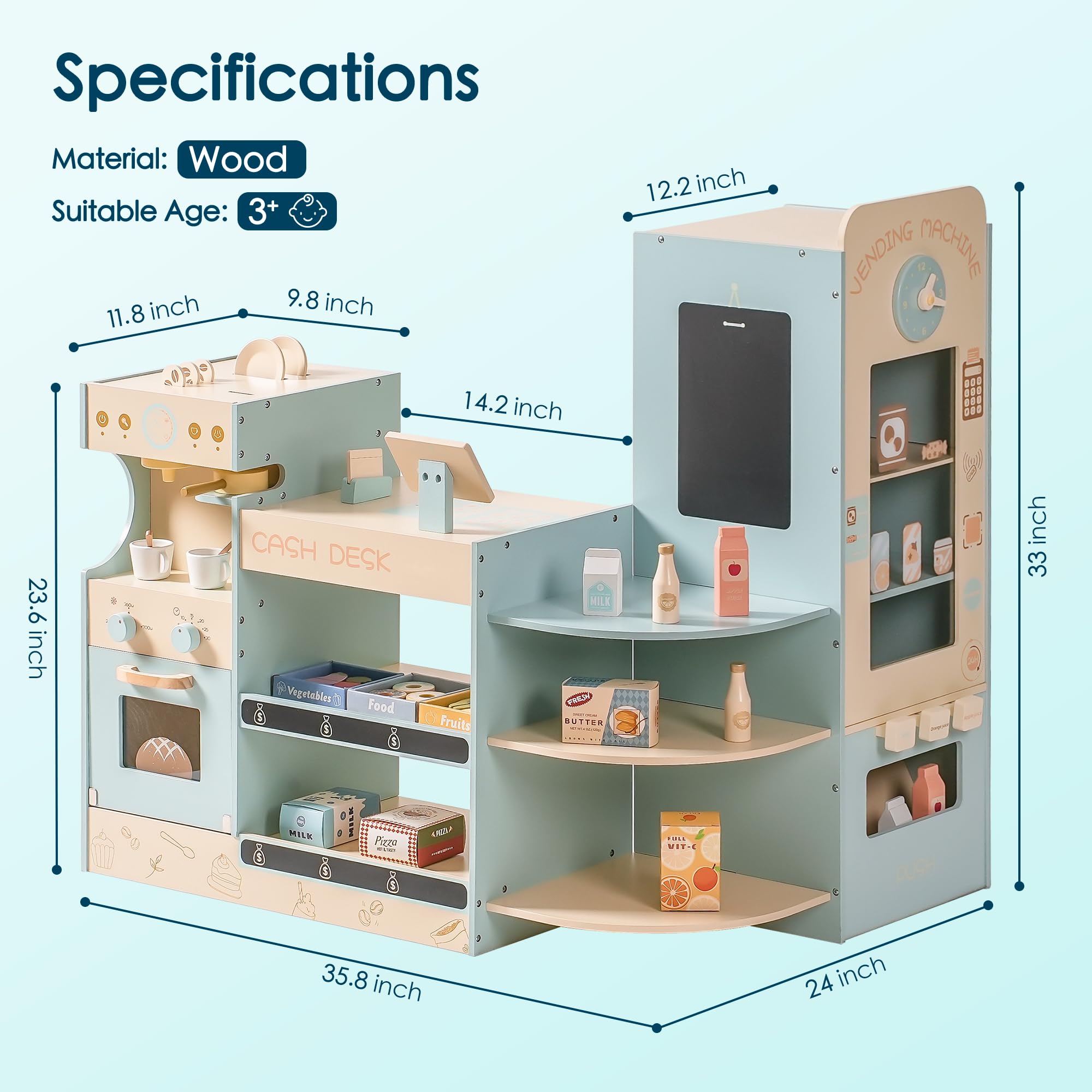 ROBOTIME Kids Pretend Play Supermarket Toy Set with Checkout Counter, Vending Machine, Coffee Maker & Cutting Food - Interactive Grocery Store Playset for Toddlers Boys & Girls - Perfect for Role Play, Learning & Family Fun