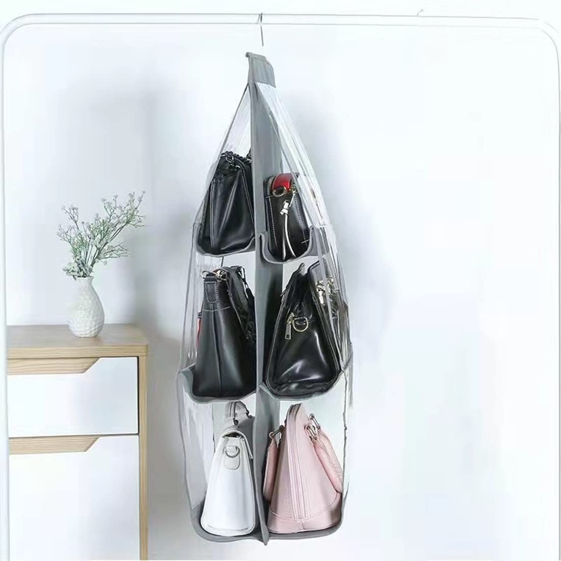 Hanging Purse Organizer with 6 Large Clear Pockets - Dustproof Handbag Storage Holder for Closet & Wardrobe - Space Saving Hanger for Purses (Grey) - Perfect for Home, Office & Travel Organization