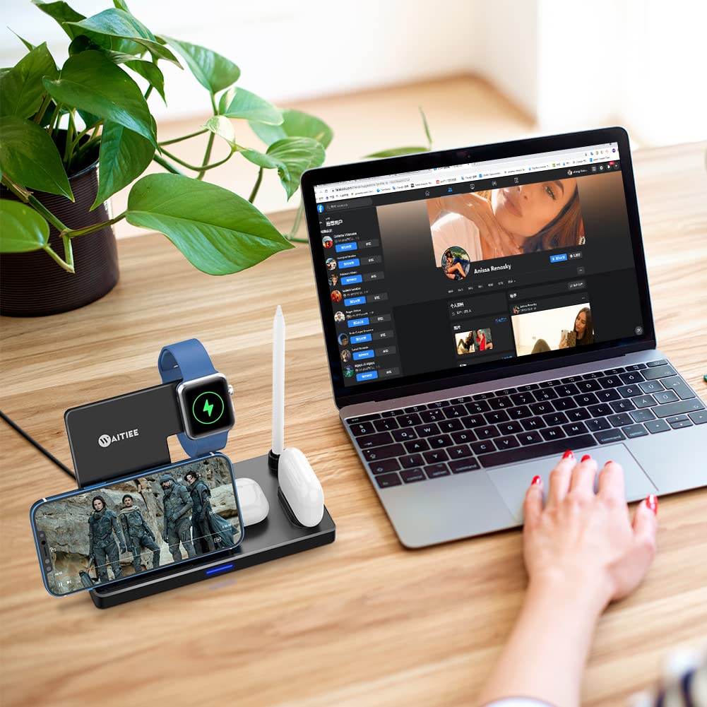 WAITIEE 5-in-1 Wireless Charging Station - Fast Qi Charger Dock for iPhone 13/12/11 Series, Apple Watch SE/7/6/5/4/3/2, AirPods Pro/3/2/1 & Apple Pencil | Compact Multi-Device Charging Stand for Home, Office & Travel (Black)