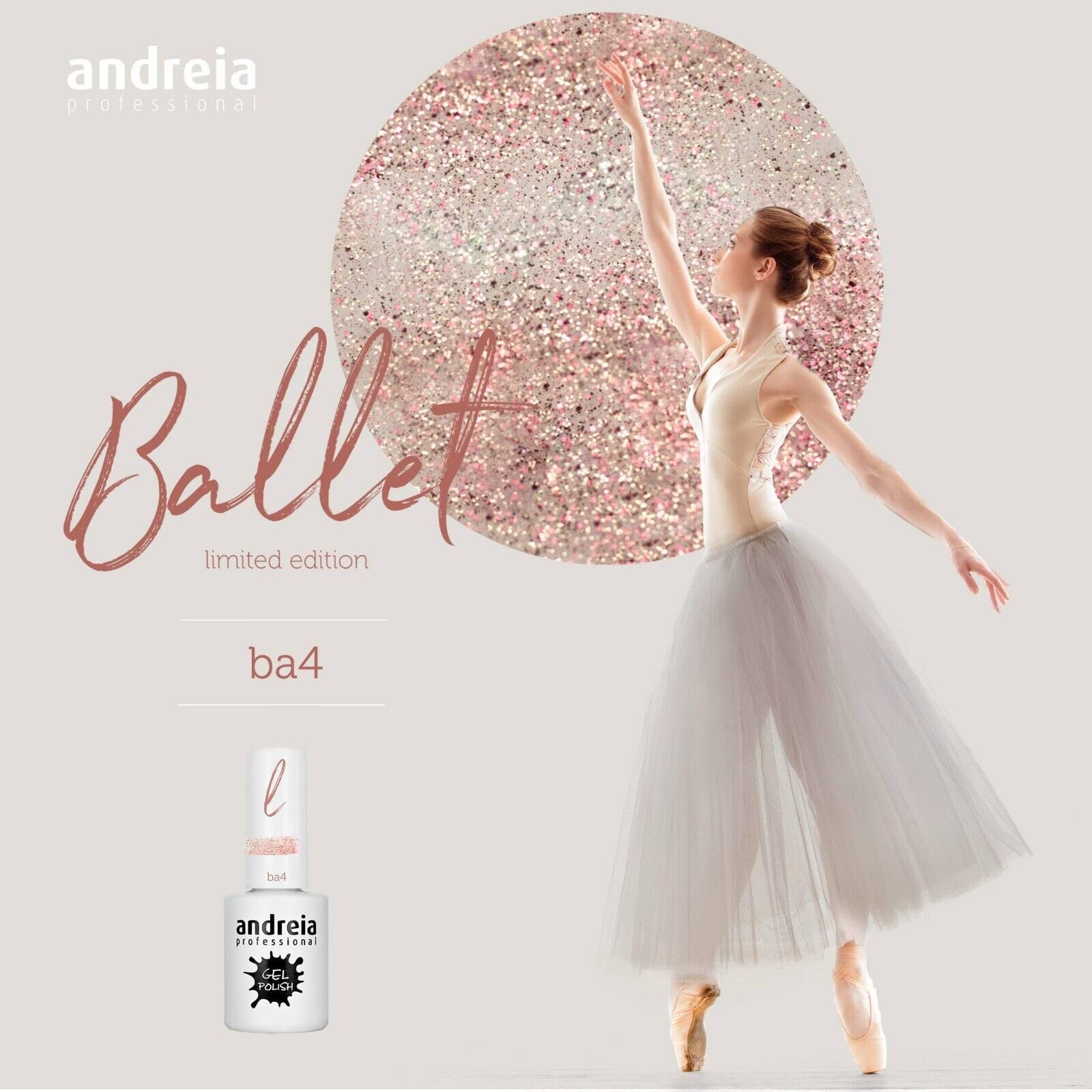 Andreia Semi-Permanent Nail Gel Polish for UV/LED Lamp - Long Lasting 4 Weeks French Manicure with Intense Shine - Ballet BA4 Pink Glitter Nail Varnish (10.5ml) - Perfect for Salon, Home DIY & Special Occasions