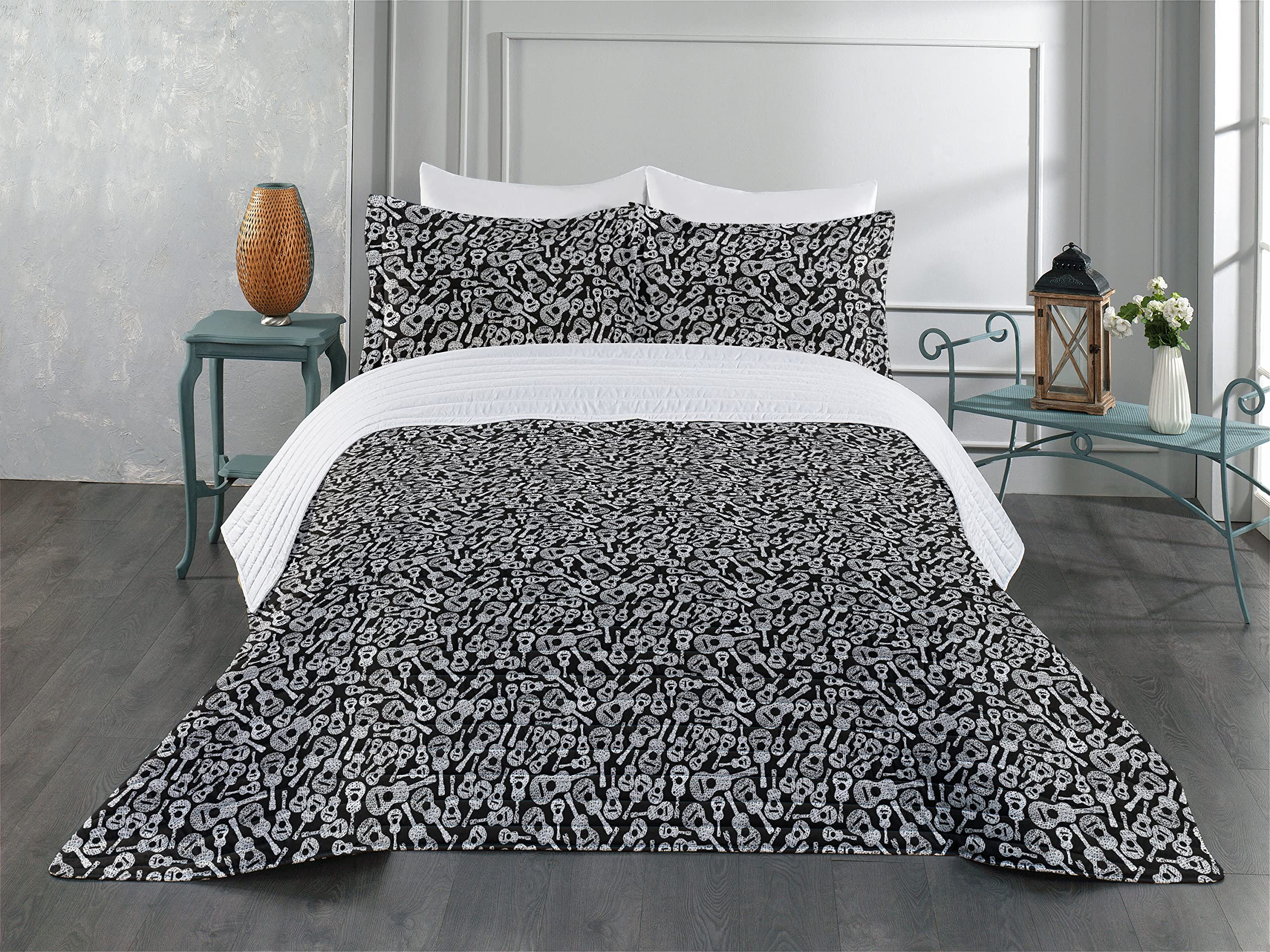 Ambesonne Black and White Microfiber Bedspread Set - Abstract Guitar Design with Grunge Effect, Soft King Size Comforter with Pillow Shams | Music Lover Bedroom Decor, Cozy Modern Bedding for Guest Rooms & Master Suites