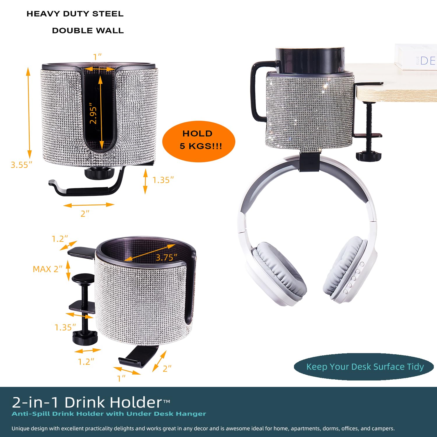 Premium 2-in-1 Desk Cup Holder with Crystal Accents - Stylish Drink Stand for Office, Home & Car Use - Spill-Proof Beverage Organizer for Coffee, Tea & Water Bottles
