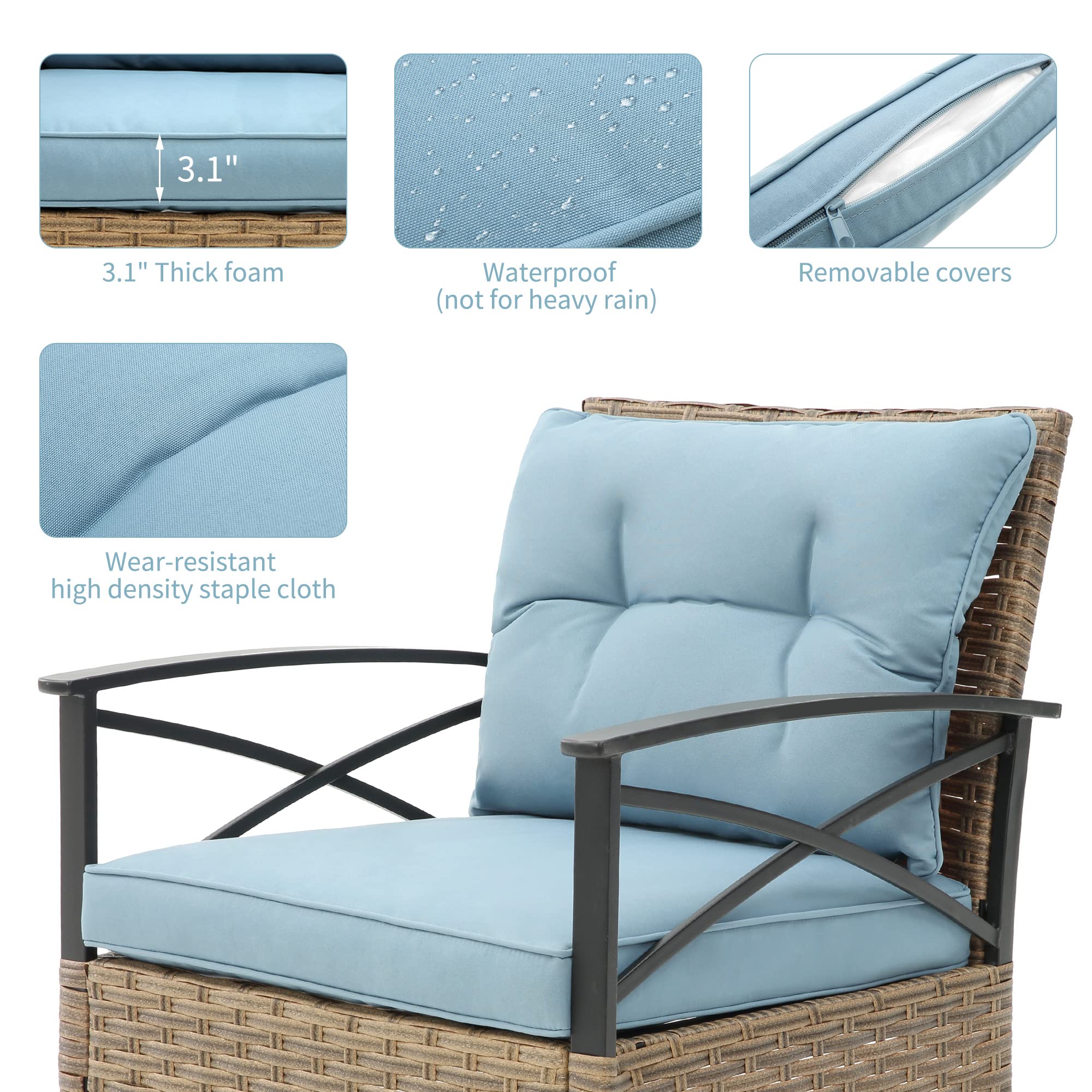 3-Piece Outdoor Rocking Chair Set - Patio Bistro Furniture with 2 Wicker Rockers & Blue Cushions + Table - Perfect for Porch, Lawn, Garden & Backyard Relaxation