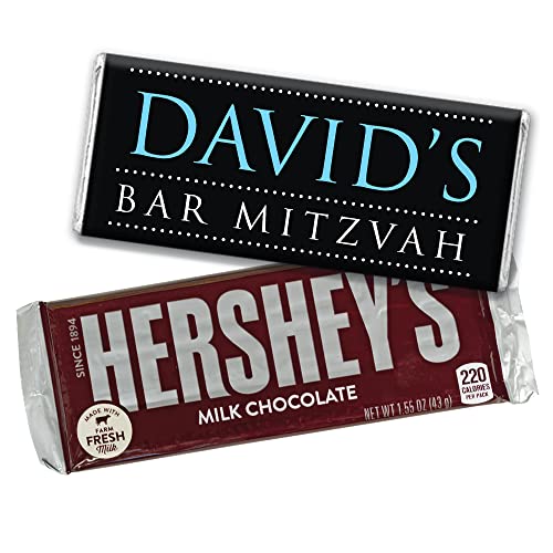 24 Pack Personalized Bar Mitzvah Candy Party Favors - Custom Wrapped Hershey Chocolate Bars (No Assembly Required) - Perfect for Jewish Coming-of-Age Celebrations, Birthday Parties & Sweet Table Displays - Black & Light Blue Theme