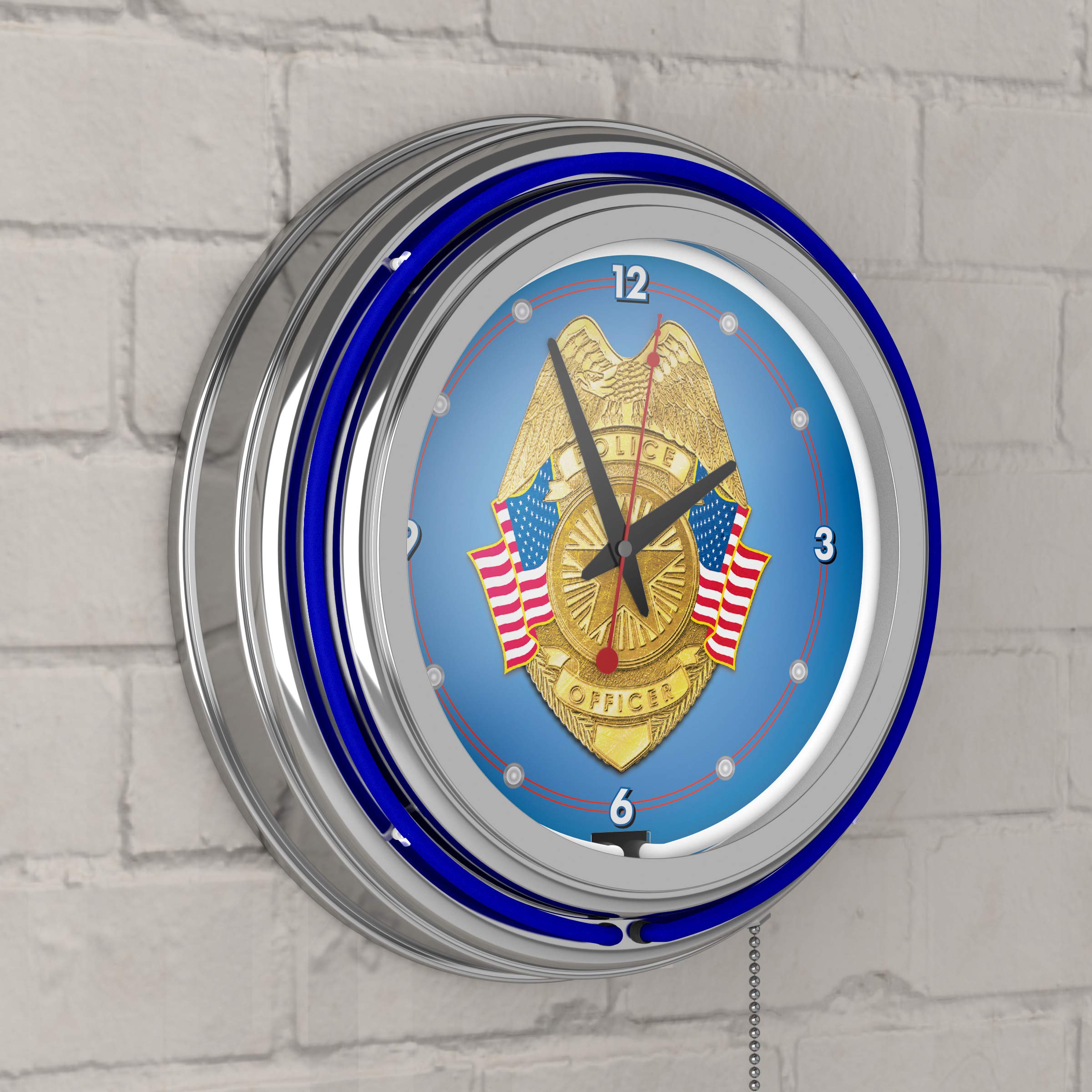 Police Officer Chrome Double Ring Neon Clock - Stylish Wall Decor for Home, Office, or Police Station