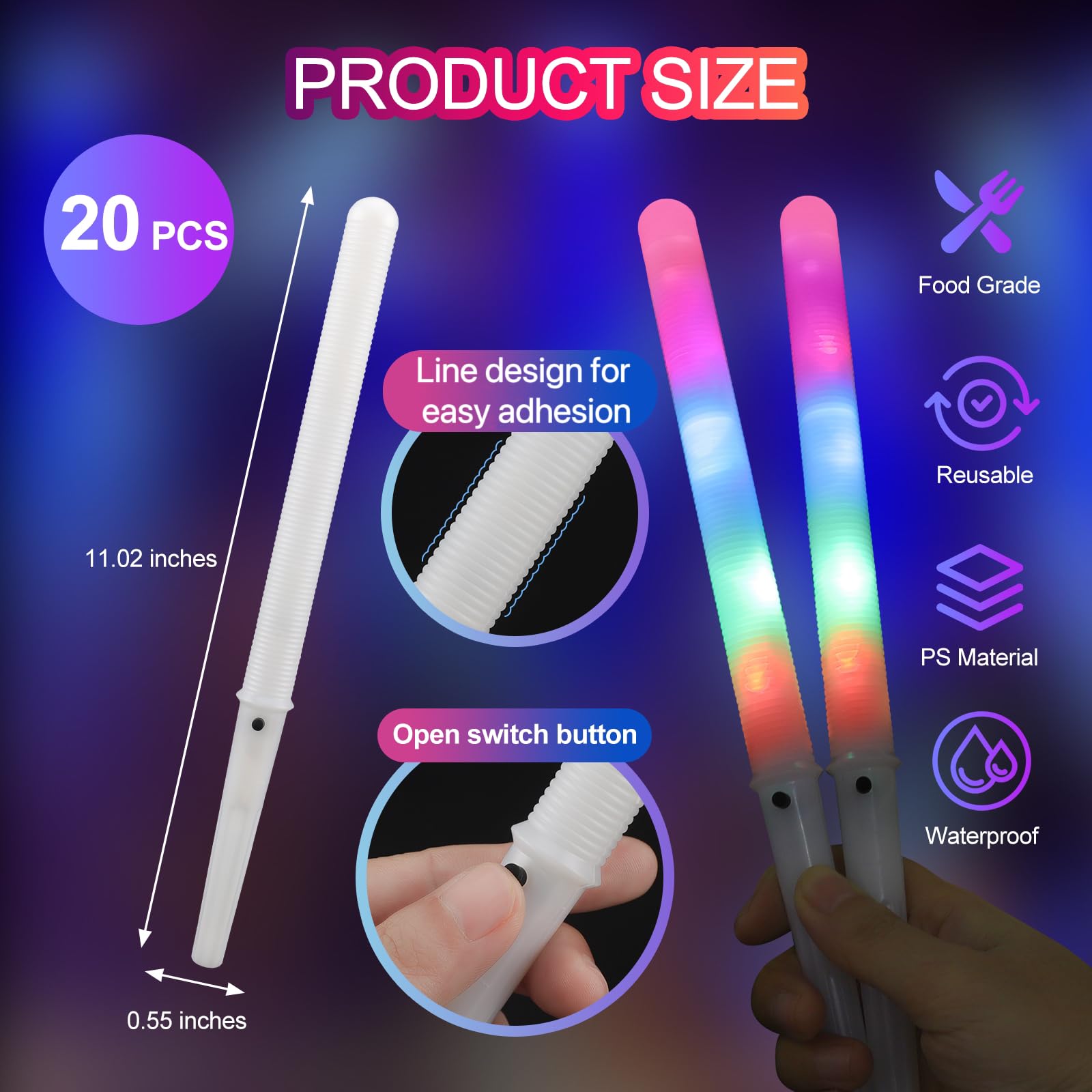 20 Pack LED Multi-Mode Cotton Candy Cones with Flashing Glow Sticks - Reusable Party Supplies for Christmas, Birthday, Amusement Park & Carnival Events (Perfect for Night Parties, Festivals & Candy Buffets)