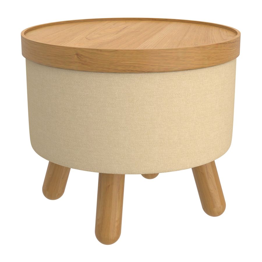 Round Storage Ottoman with Tray - Beige & Natural Fabric Upholstered Footrest Stool for Living Room, Bedroom, Nursery | Multi-Functional Coffee Table, Extra Seating & Hidden Storage Organizer