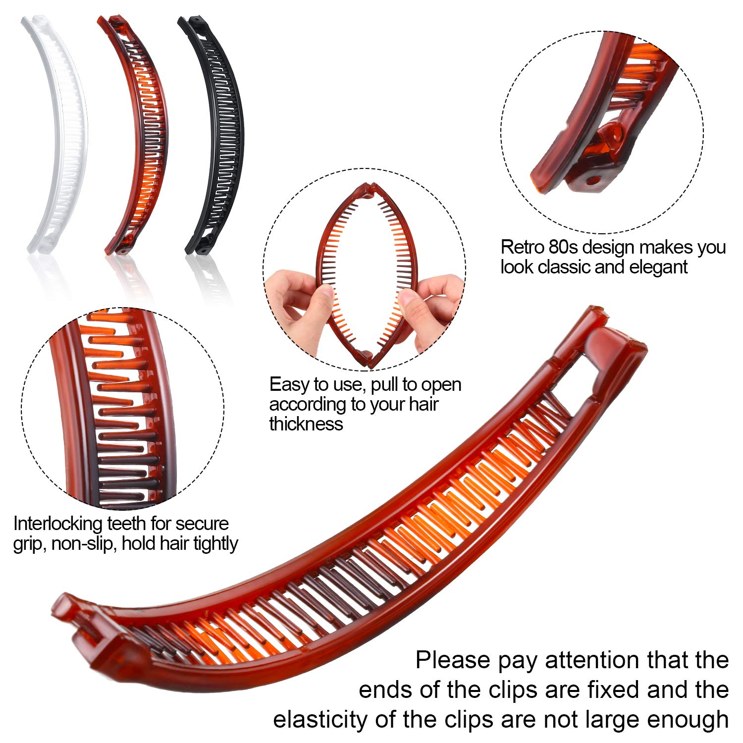 WILLBOND Banana Hair Clips - 6 Pack Fish Shape Ponytail Clips for Women with Thin Hair, Fishtail Combs Hair Accessories for Long Hair (Black, Brown, White) - Perfect for Work, Parties & Everyday Styling