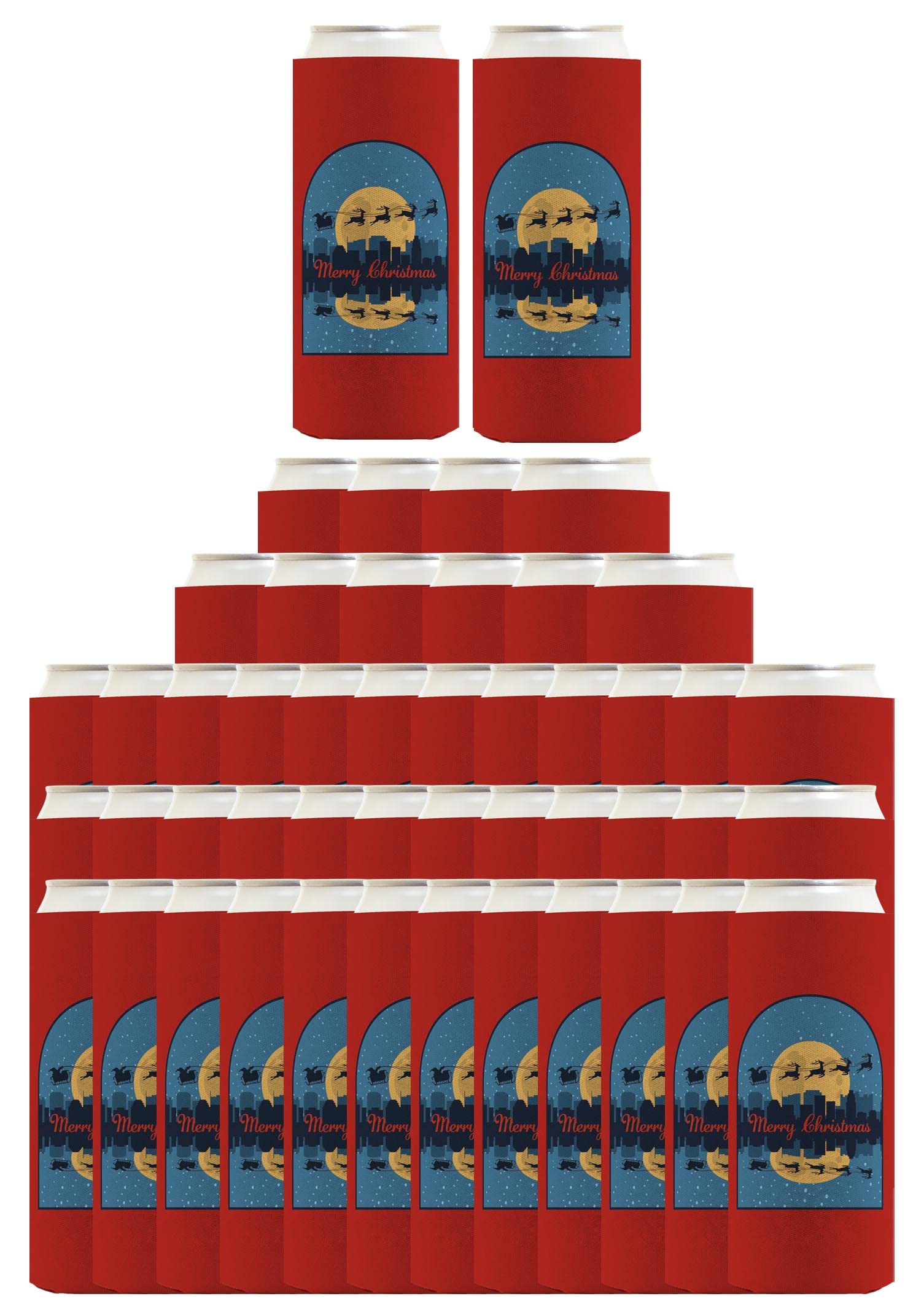 48-Pack Ultra Slim Christmas Can Coolers with Santa Flying Over Cityscape Design - Holiday Party Supplies, Beer Sleeves for Christmas Decorations & Festive Celebrations