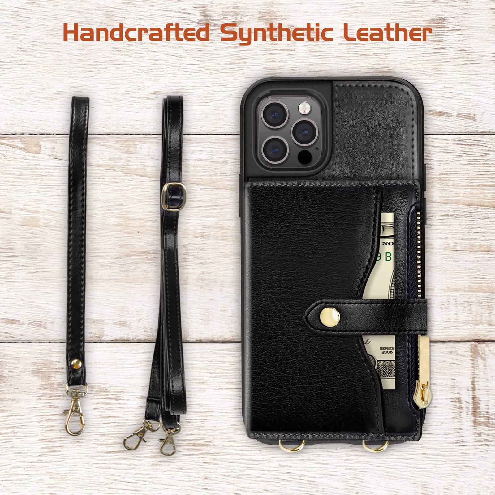 LOHASIC Leather Wallet Case for iPhone 12 Pro - Slim Protective Phone Cover with Card Holder, Zipper Purse & Crossbody Strap - Women's Fashion Accessory for Everyday Use, Travel & Shopping (6.1 Inch, Black)