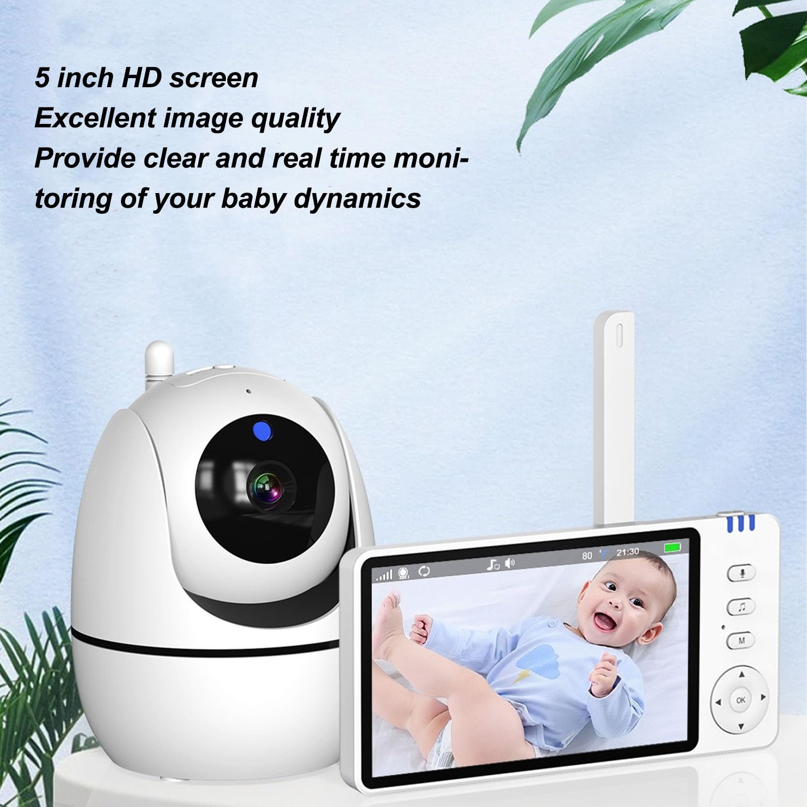5 Inch Indoor Security Camera with Night Vision & Motion Sensor - Baby Monitor with Alarm, US Plug - Ideal for Home, Nursery & Pet Monitoring