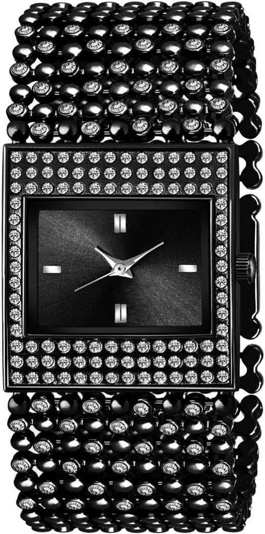 GIFFEMANS Black Slim Fashion Square Analog Watch for Women - Diamond Studded Dial with Metal Strap | Perfect for Office, Party & Everyday Wear