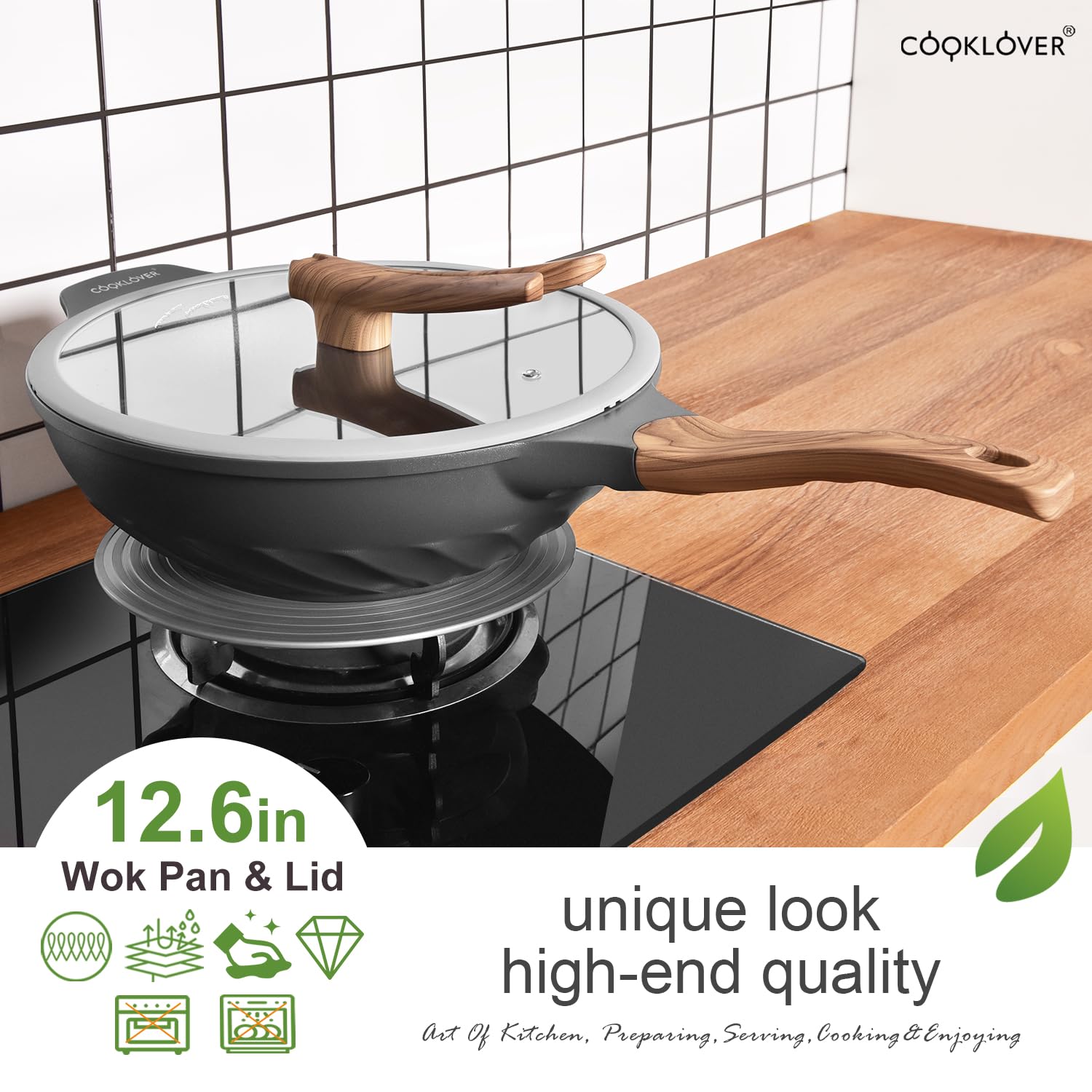 Nonstick Wok Pan 12.6 Inch - COOKLOVER Die-Cast Aluminum Stir Fry Pan with Glass Lid, PFOA-Free & Scratch Resistant, Induction Compatible (Slate Grey) - Perfect for Asian Cooking, Stir Frying, Sautéing & Home Kitchen Use