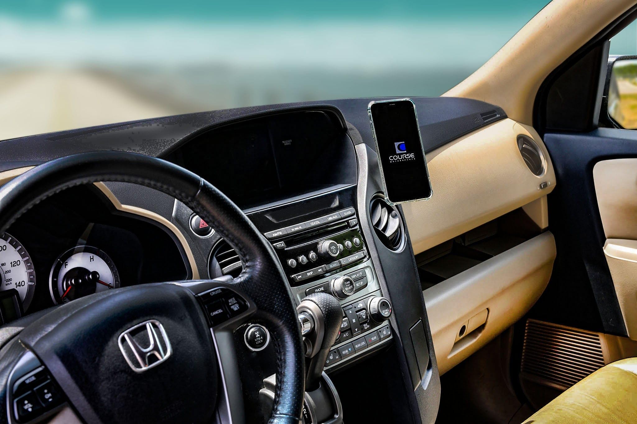 Course Motorsports DirectFit Phone Mount for Honda Pilot (2009-2015) - Auto Closing Charging Cradle Head (Tan, Right Side) - Perfect for Hands-Free Navigation & Safe Driving