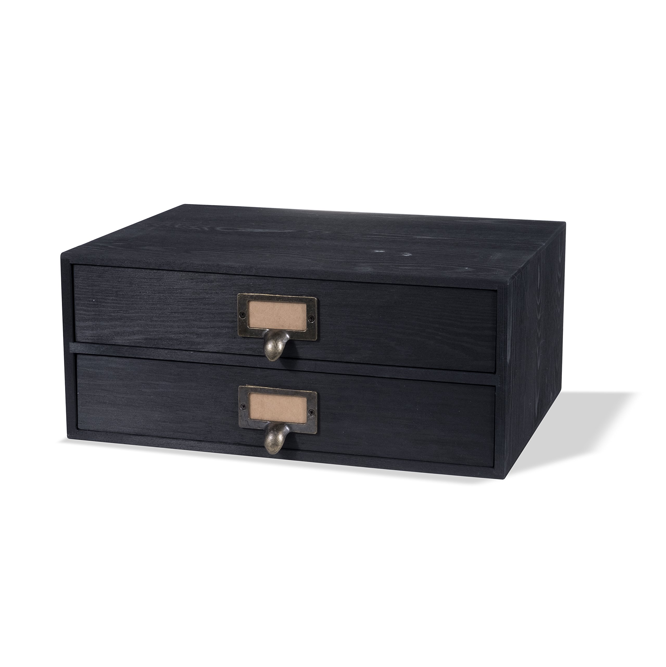 Wallniture Wooden 2 Drawer Under Monitor Stand with Printer Platform & Paper Holder - Home Office Desk Organizer - Black - Perfect for Workspace Organization & Computer Setup