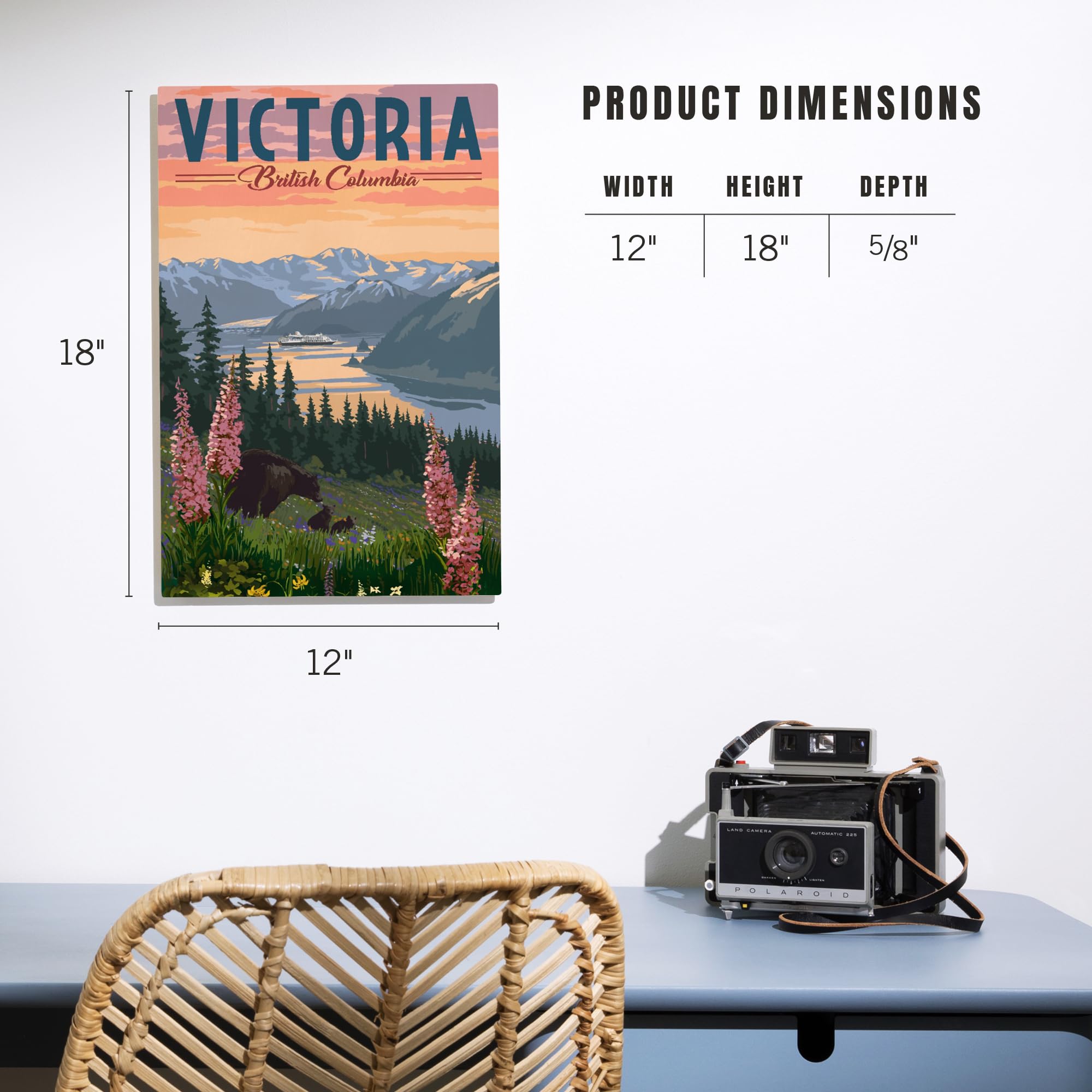 Lantern Press 12x18 Inch Premium Wood Wall Sign - Ready to Hang Home Decor with Victoria BC & Inside Passage Bear Spring Flowers Design - Perfect for Living Room, Bedroom or Cabin Decor