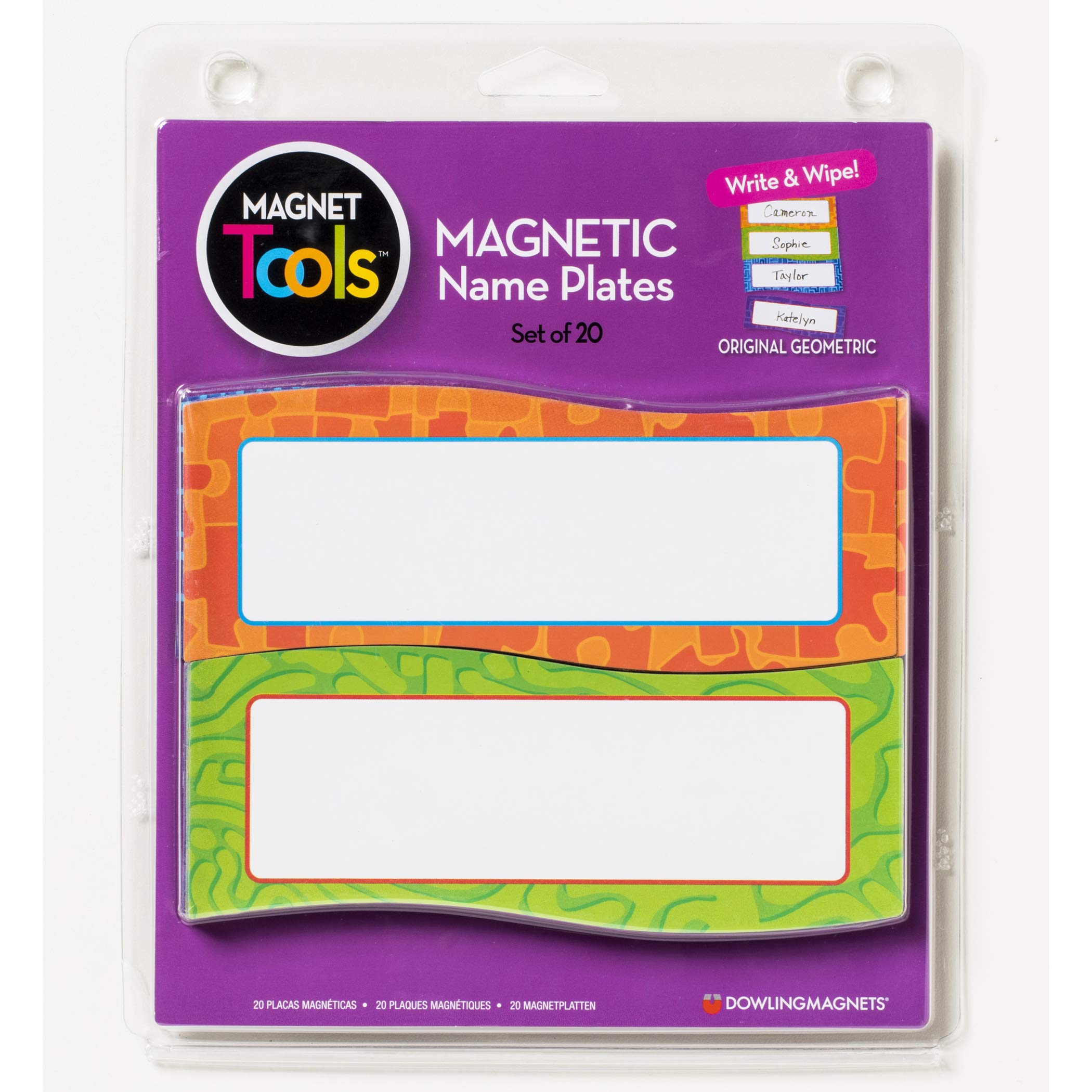 Dowling Magnets Magnetic Name Plates - Set of 20 Reusable Dry Erase Geometric Name Tags for Classroom, Office Desk & Home Organization - Perfect for Teacher Supplies, Student Desks & Workplace Name Labels