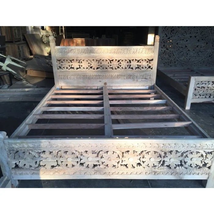 Hand Carved Wooden Indian Design Platform Bed - Queen/King Size Solid Wood Bed Frame for Master Bedroom & Guest Room