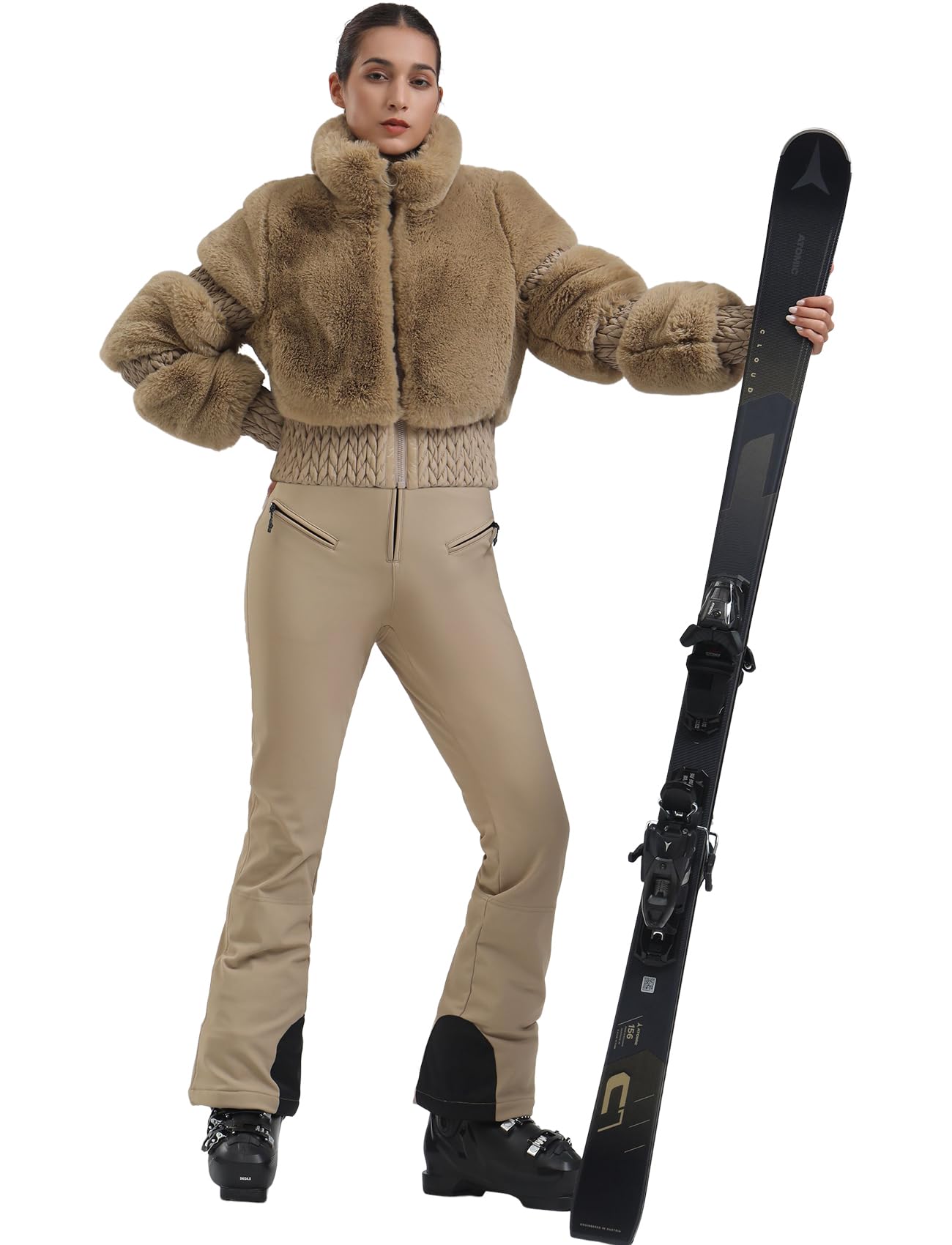 GSOU SNOW Women's Faux Fur Ski Jacket - Waterproof Snowboard Coat, Warm Winter Cropped Jacket for Skiing, Snowboarding & Outdoor Activities